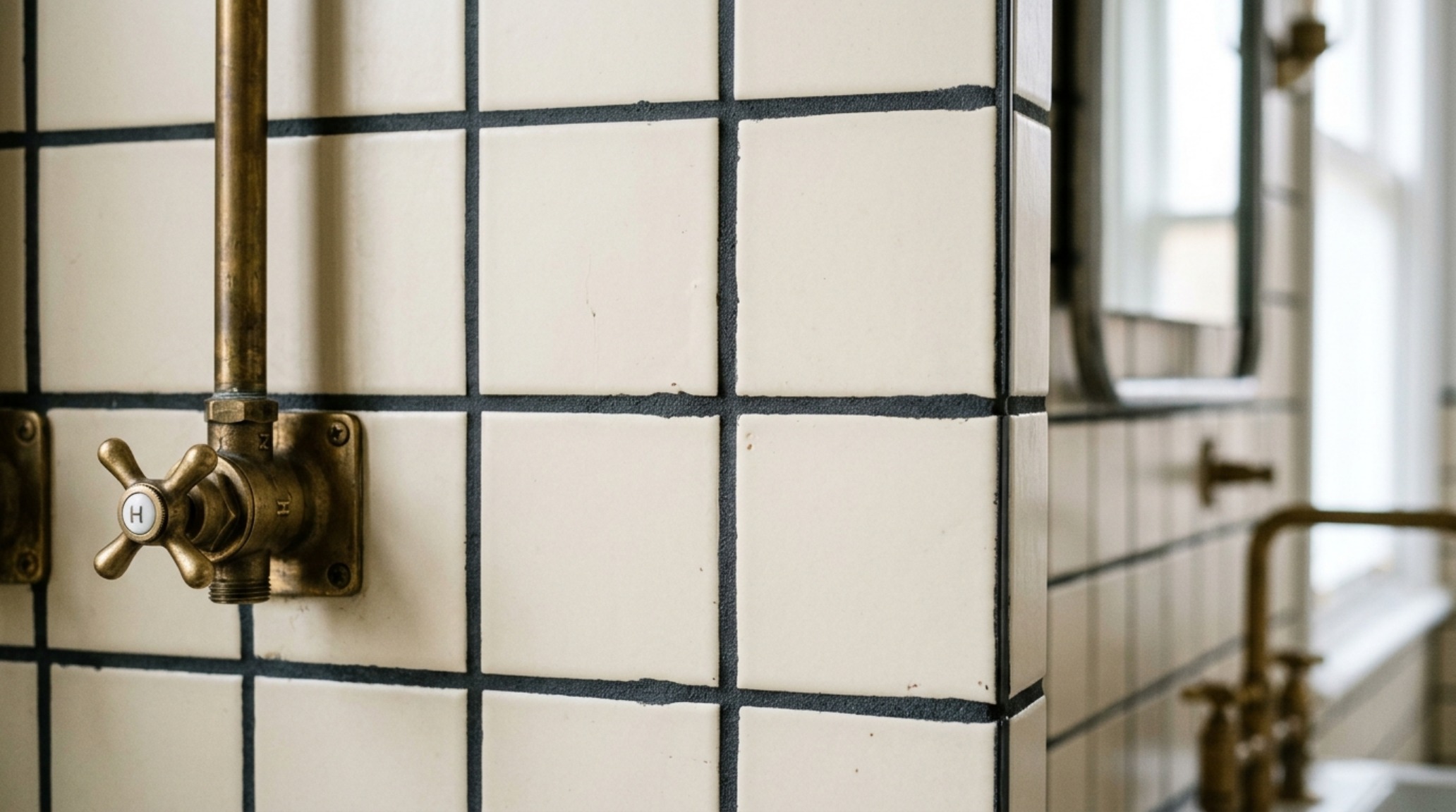 High-contrast grout design highlighting the geometric precision of a grid-patterned tile wall with dark slate grout against a warm cream tile surface.