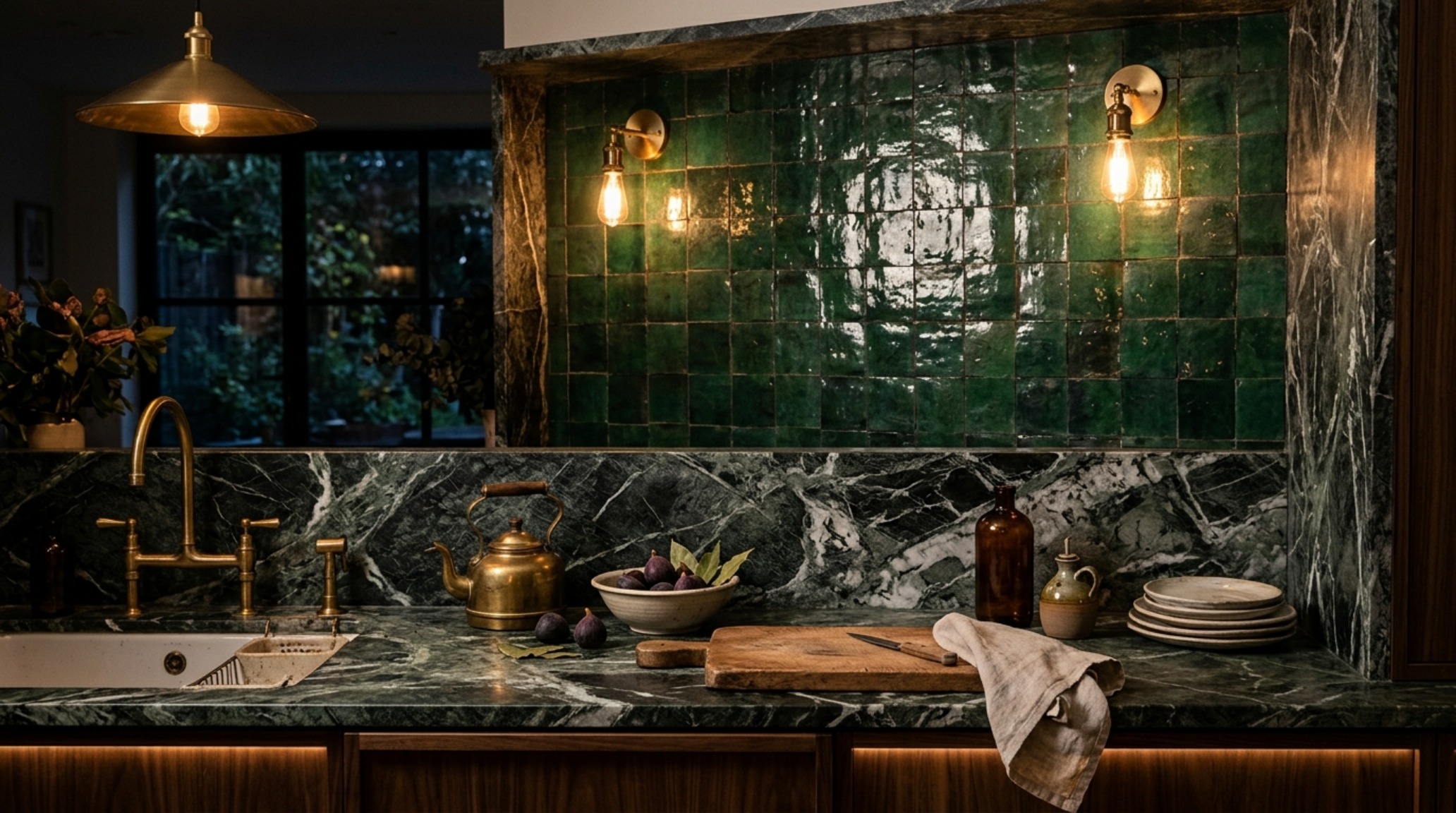 Artisanal zellige kitchen ideas capturing the play of 2700K warm light across the undulating, glossy surface of hand-fired terracotta tiles.