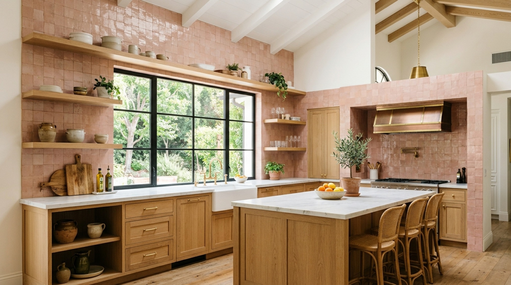 Ceiling-height backsplash trend in a light-filled kitchen with Farrow and Ball Setting Plaster walls and full-height tiling around an arched window.