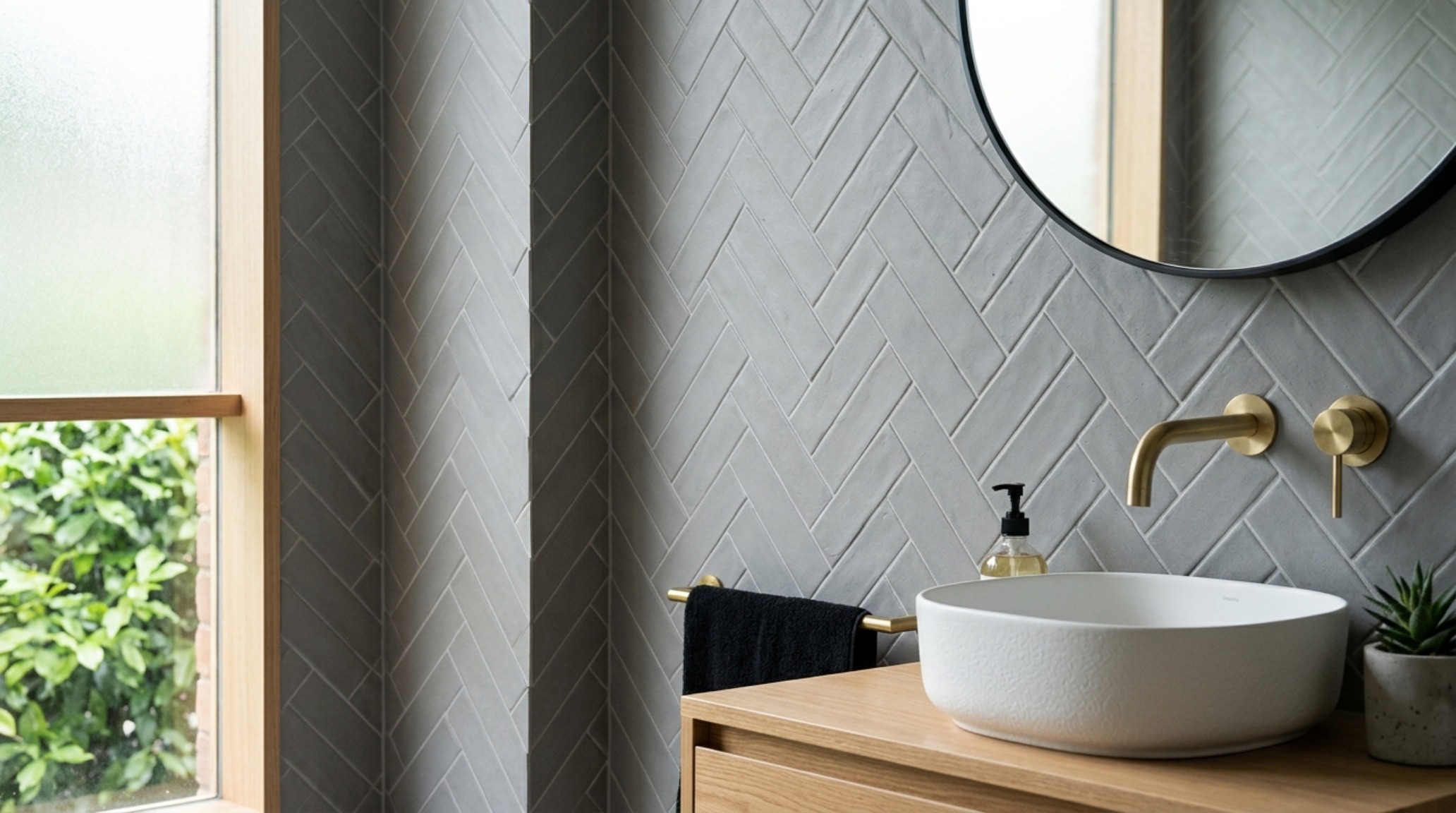 Modern subway tile layout patterns in a herringbone configuration using matte-finish tiles for a subtle, tactile texture in a contemporary prep space.