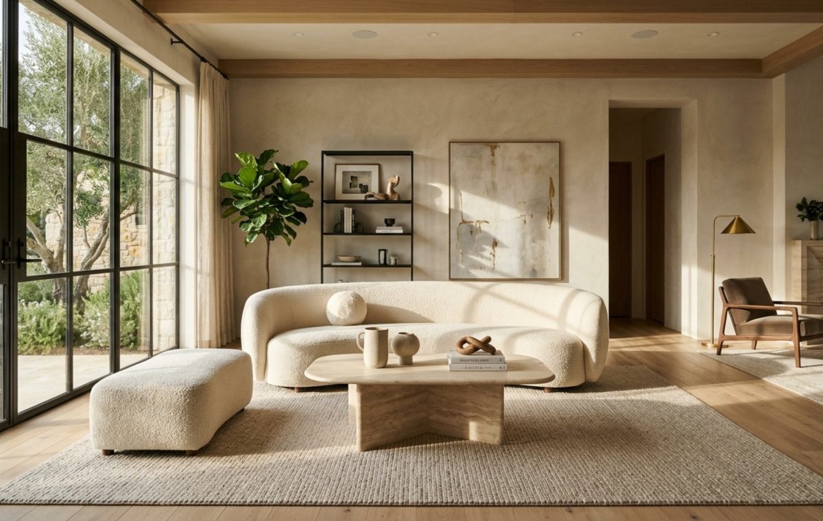 luxury interior design concepts featuring a curated living room with a honed travertine coffee table, velvet upholstery, and warm ambient lighting at 2700K