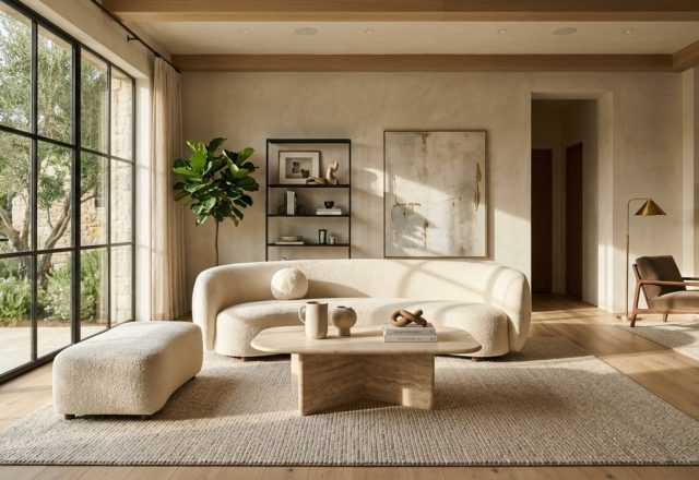 luxury interior design concepts featuring a curated living room with a honed travertine coffee table, velvet upholstery, and warm ambient lighting at 2700K