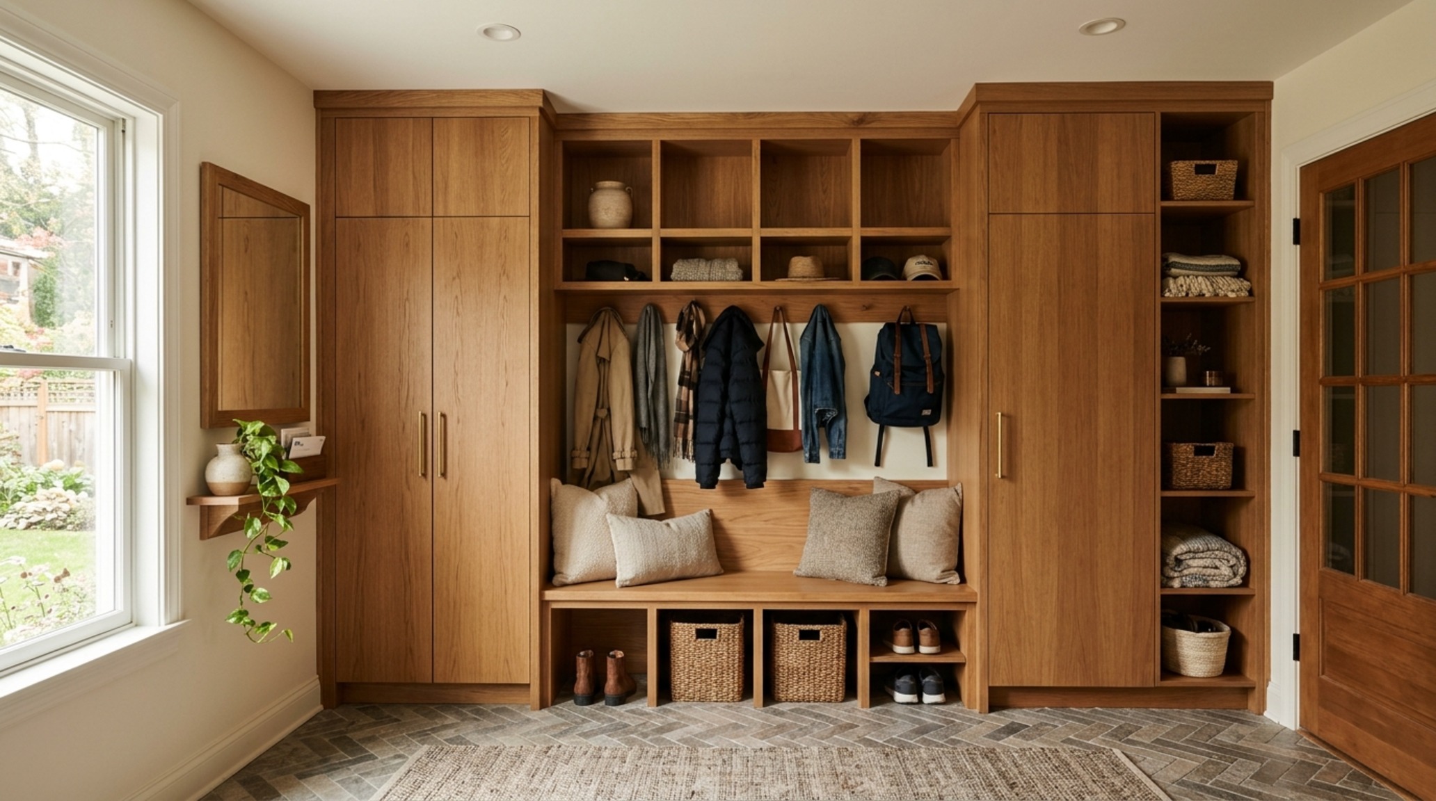 functional home storage solutions for an entryway mudroom with integrated oak bench seating and concealed shoe storage compartments