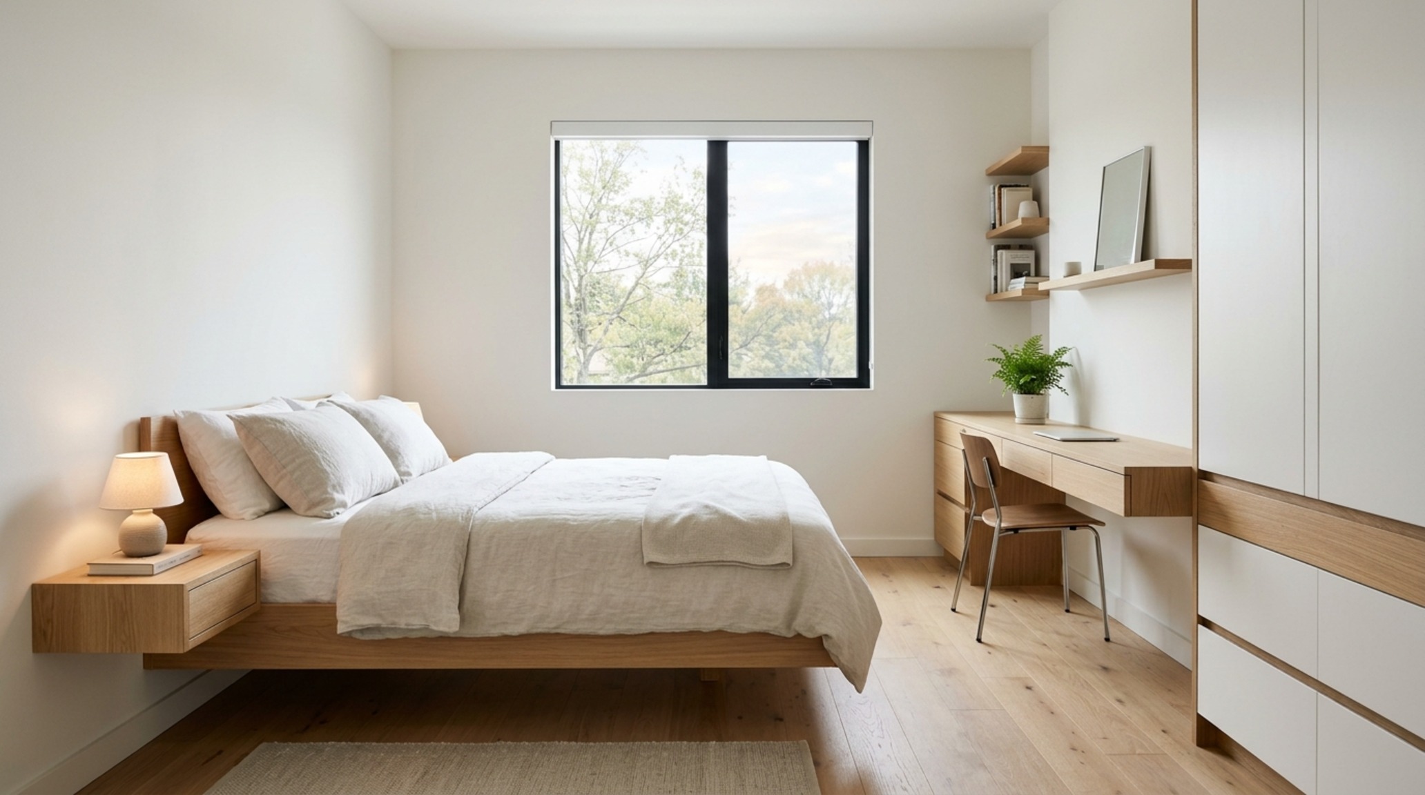 small space interior design ideas showing a minimalist bedroom with a wall-mounted floating nightstand and a 36-inch clear walkway for optimal spatial flow