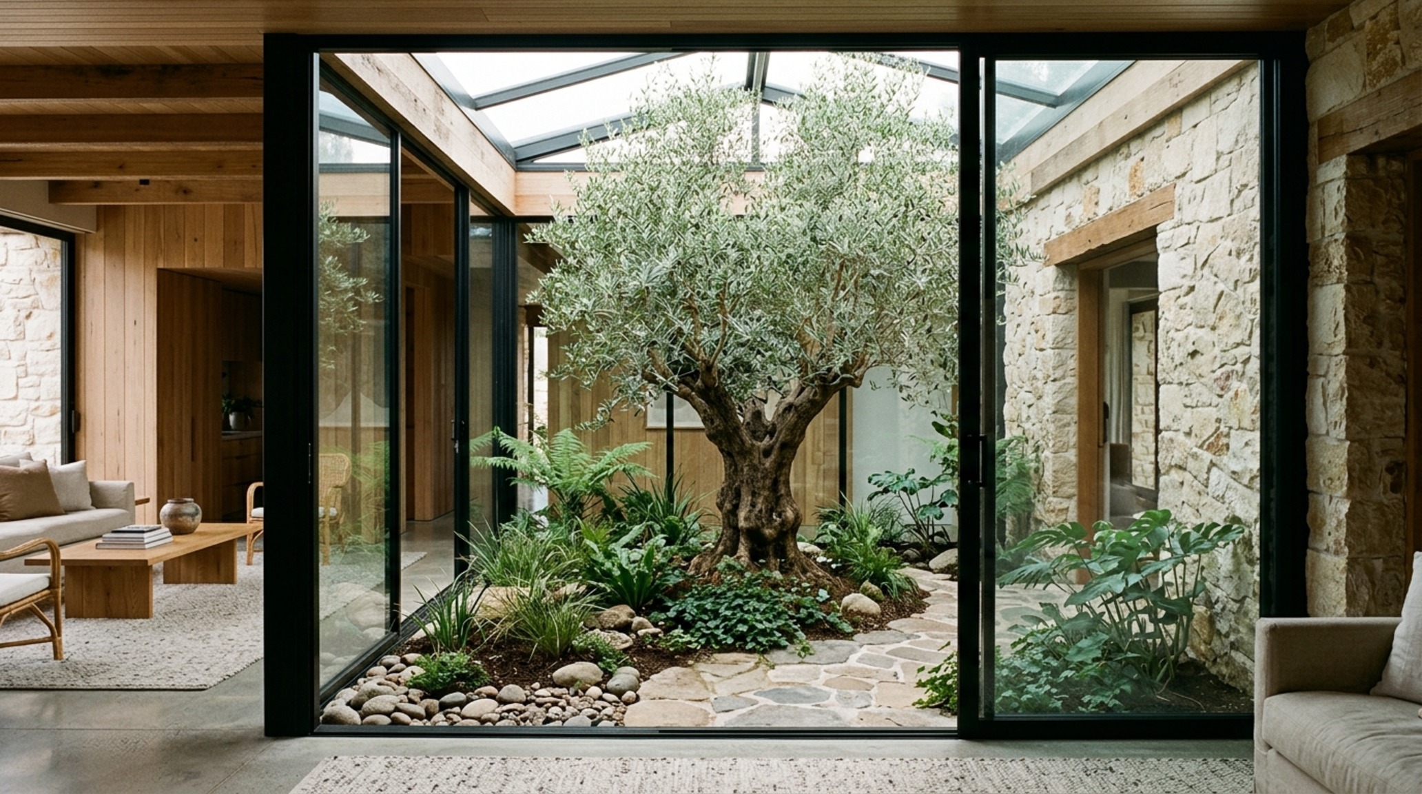 biophilic interior design in a modern sunroom with large floor-to-ceiling windows, an indoor olive tree, and natural sandstone flooring