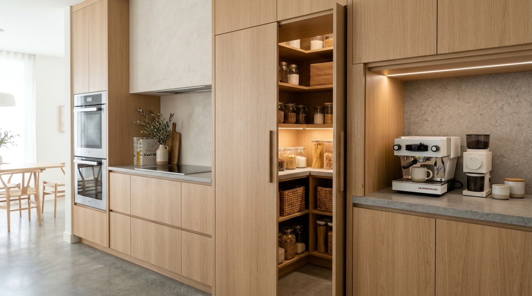 functional home storage solutions showcasing bespoke floor-to-ceiling white oak cabinetry with integrated handle-less doors and hidden appliance garage