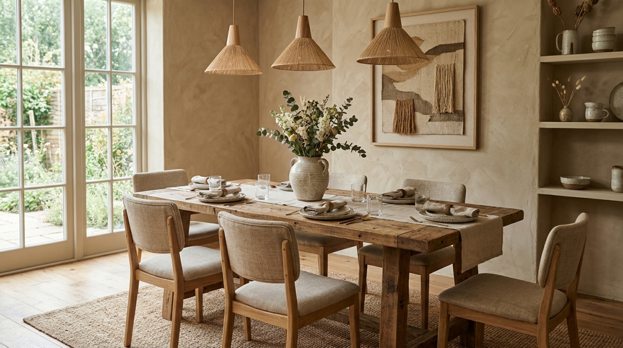 sustainable home decor trends utilizing reclaimed wood ceiling beams and organic linen window treatments in a naturally lit dining area