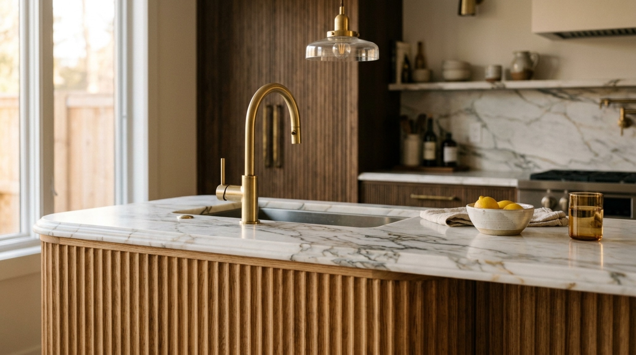 luxury interior design concepts highlighting a custom kitchen island with Calacatta marble waterfall edges and high-end brass hardware