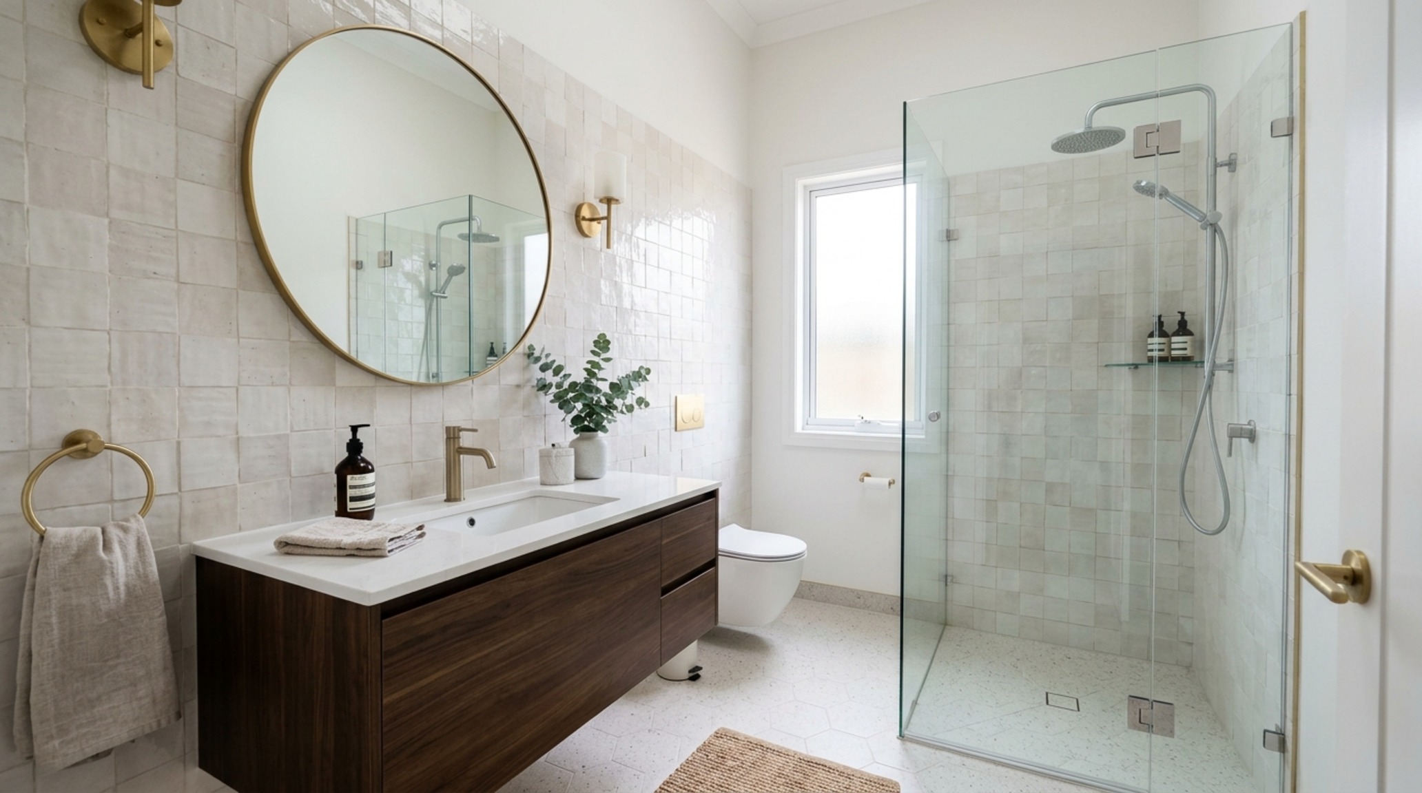 small space interior design ideas for a compact bathroom featuring a floating vanity and large-scale mirror to increase the perception of volume