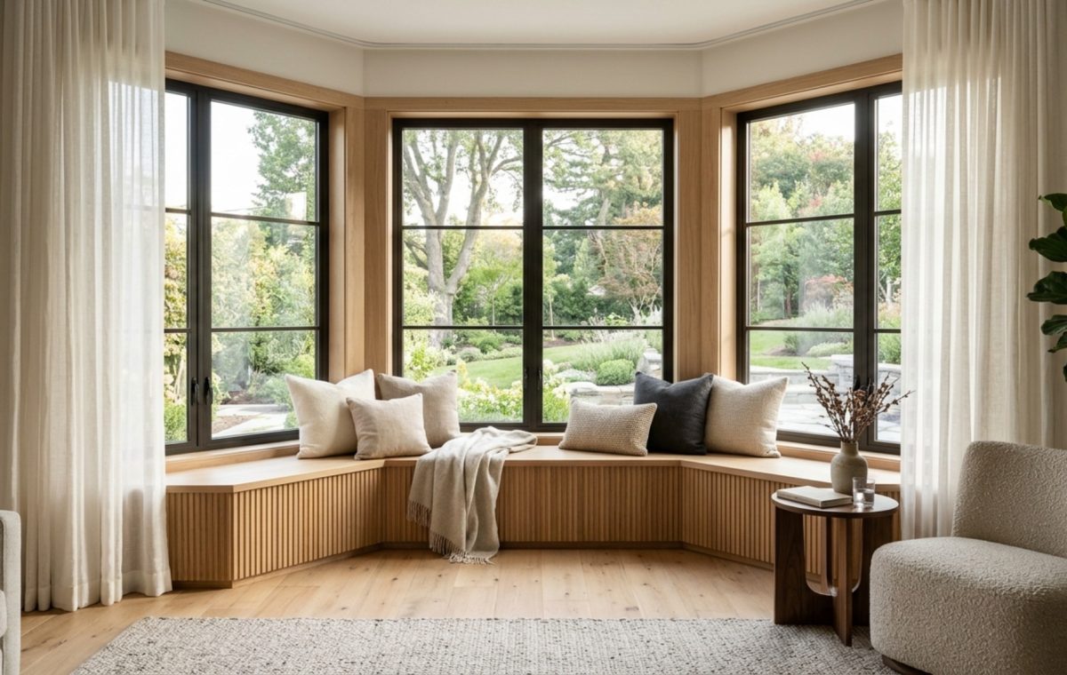 Modern bay window treatment ideas featuring a minimalist built-in bench with fluted white oak and recessed sheer linen drapery for a soft luminous glow.
