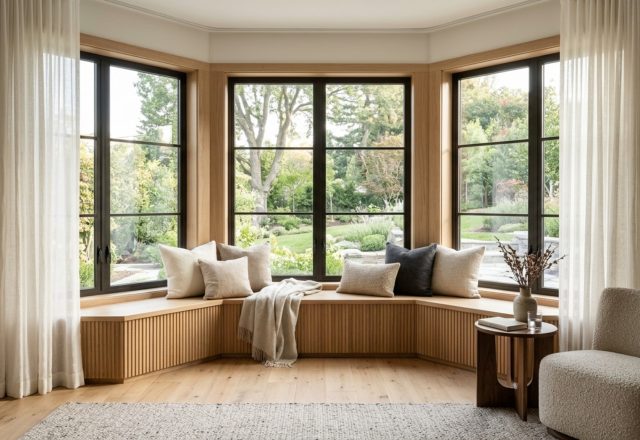 Modern bay window treatment ideas featuring a minimalist built-in bench with fluted white oak and recessed sheer linen drapery for a soft luminous glow.