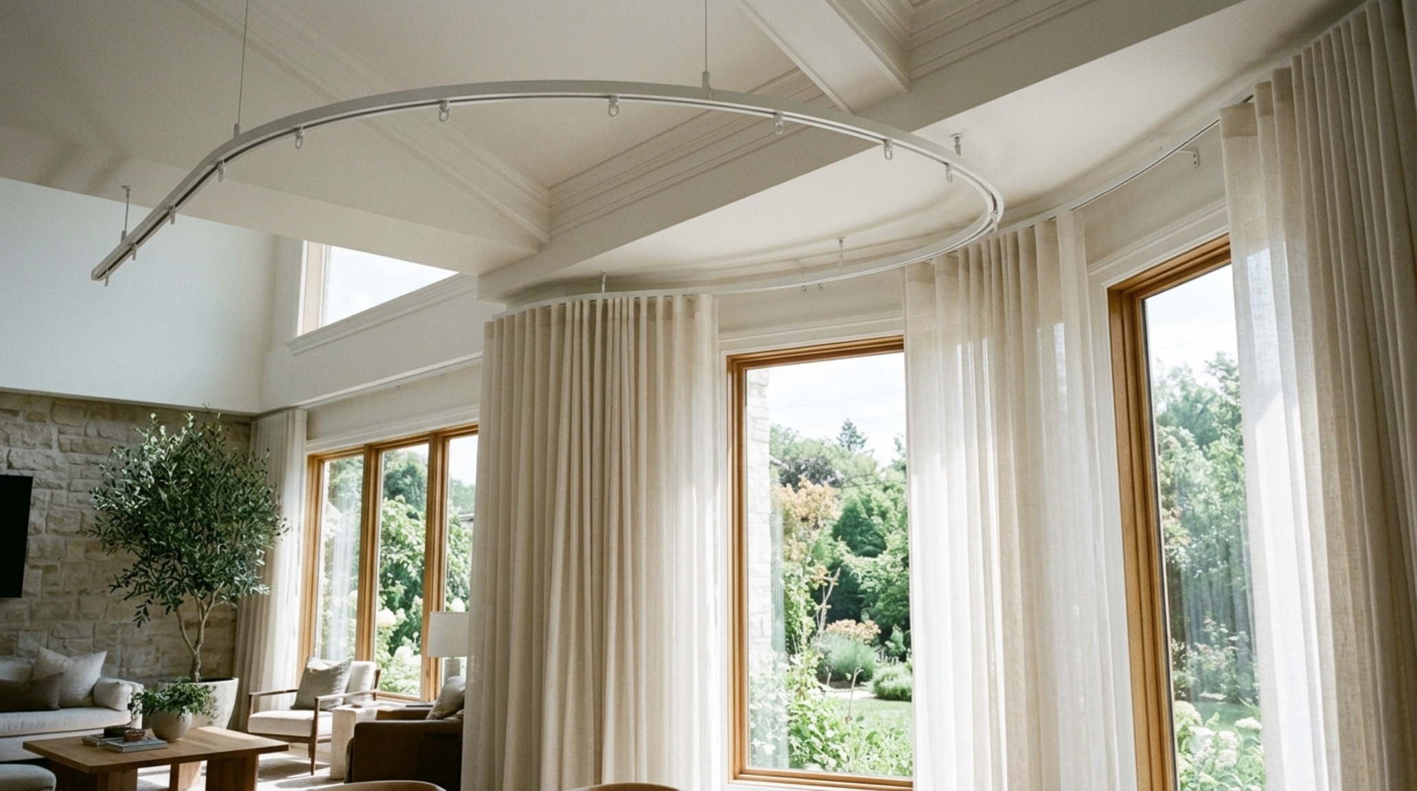 Curved curtain track installation showcasing a seamless ripple-fold drapery system in a high-ceiling living room with neutral Belgian linen fabric.