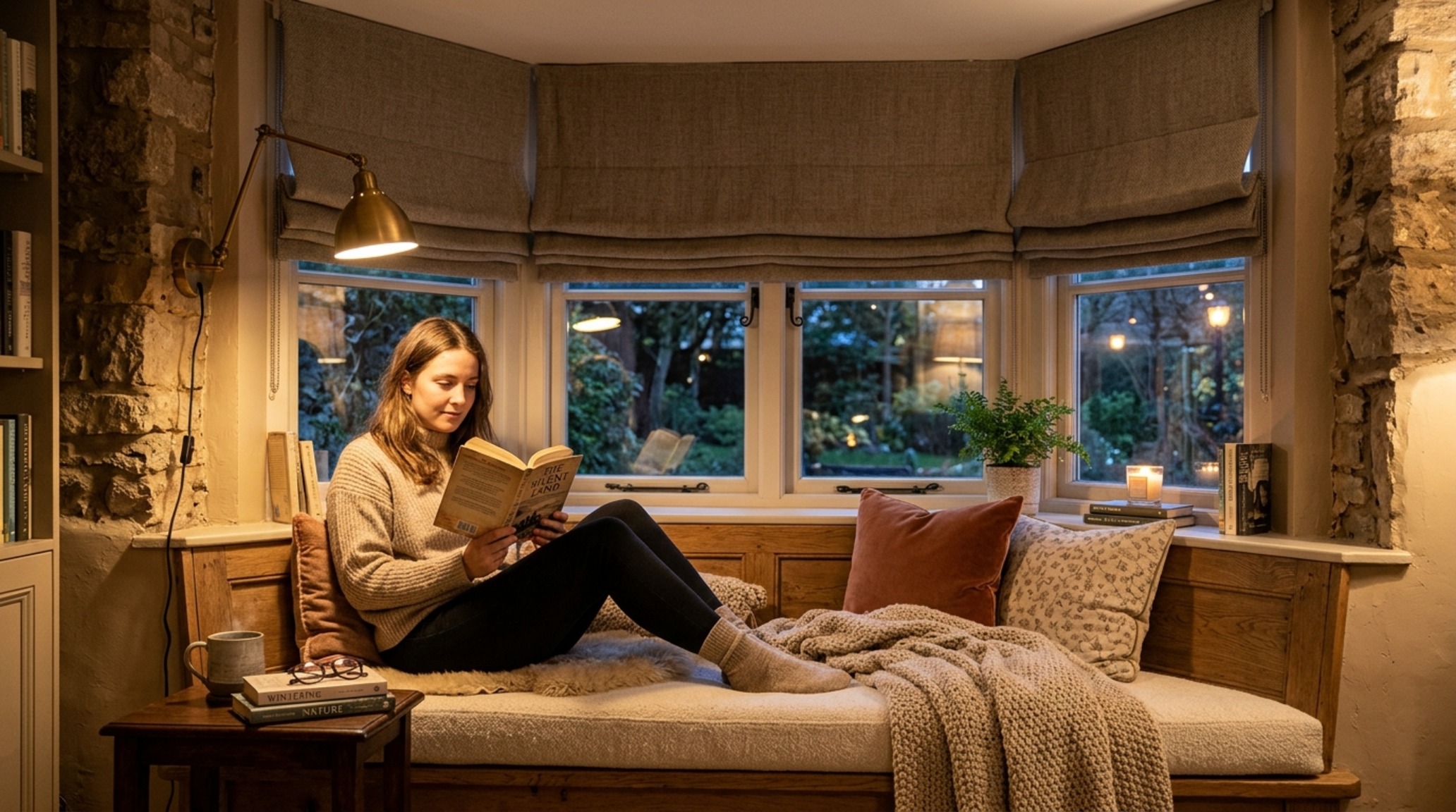 Roman blinds for bay windows in a cozy reading nook with a custom-depth 30-inch seat cushion and integrated library shelving.