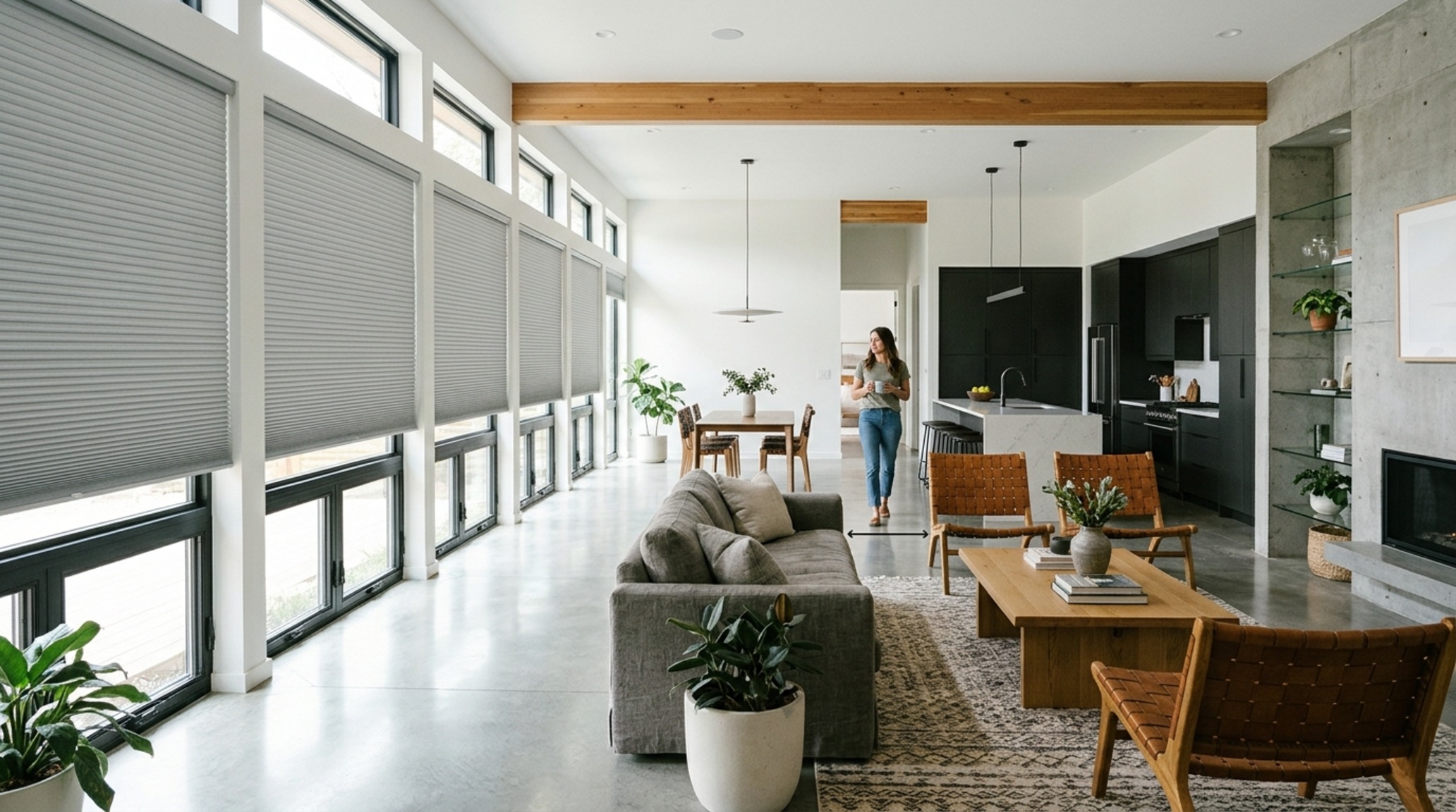 Motorized shades for hard-to-reach bays integrated into a double-height architectural window system for effortless light management via smart home control.