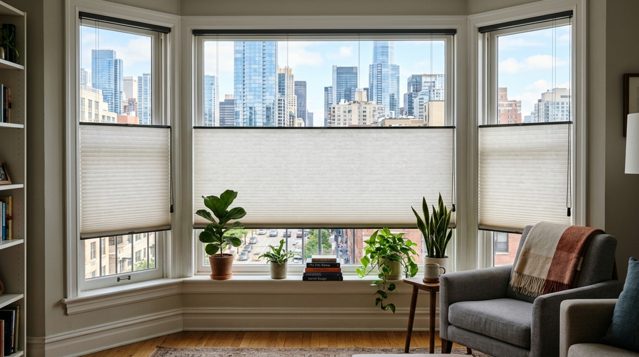 Privacy solutions for large bay windows utilizing top-down bottom-up cellular shades to maintain sky views while obscuring street-level activity.