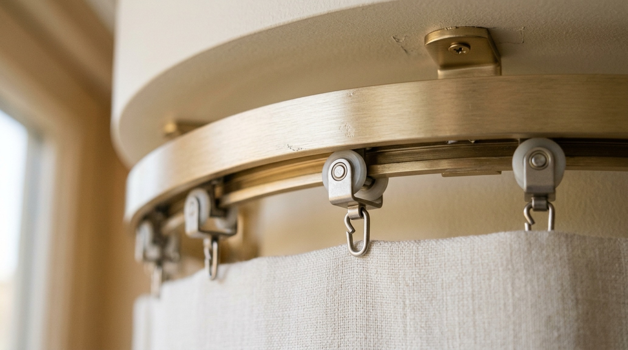 Close-up of a curved curtain track installation highlighting the slim profile and smooth glider mechanism for multi-angled window configurations.