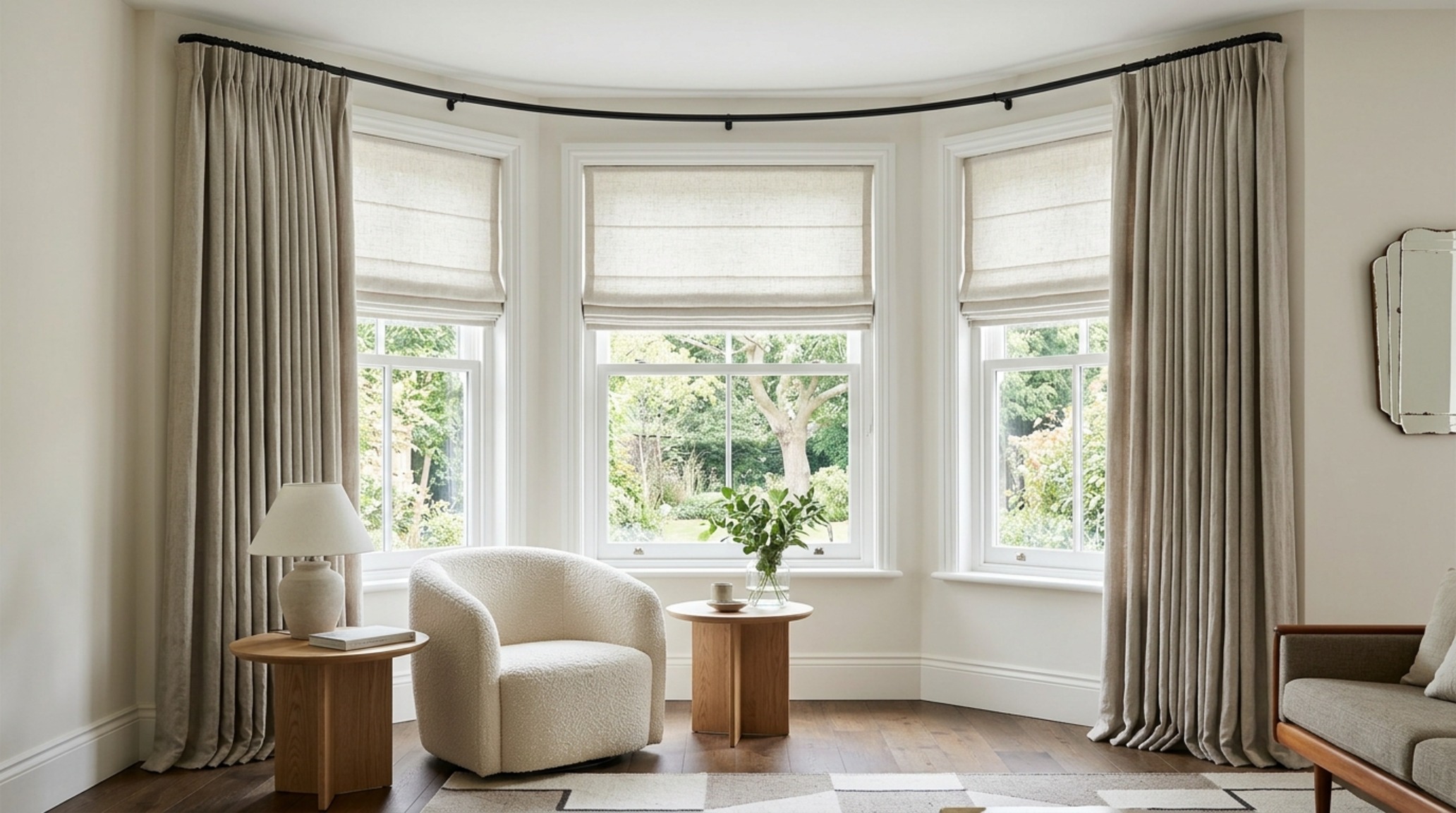 Modern bay window treatment ideas displaying a combination of tailored Roman blinds and a heavy-weight linen blackout drape for thermal efficiency.