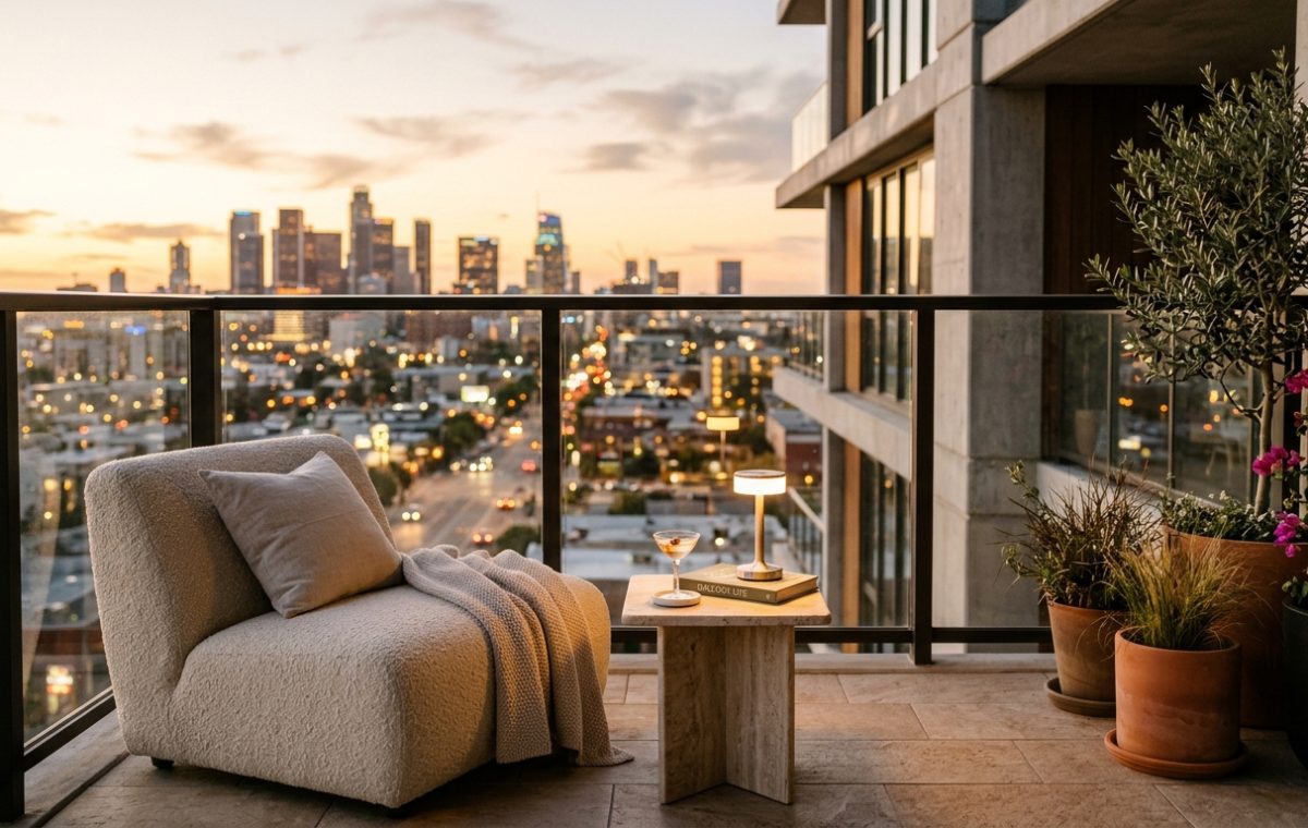 High-end small apartment balcony ideas hero image featuring a velvet lounge chair and 2700K warm lighting at dusk.
