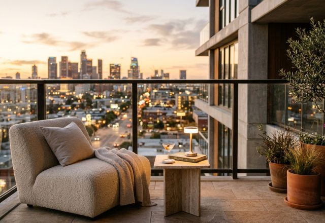 High-end small apartment balcony ideas hero image featuring a velvet lounge chair and 2700K warm lighting at dusk.