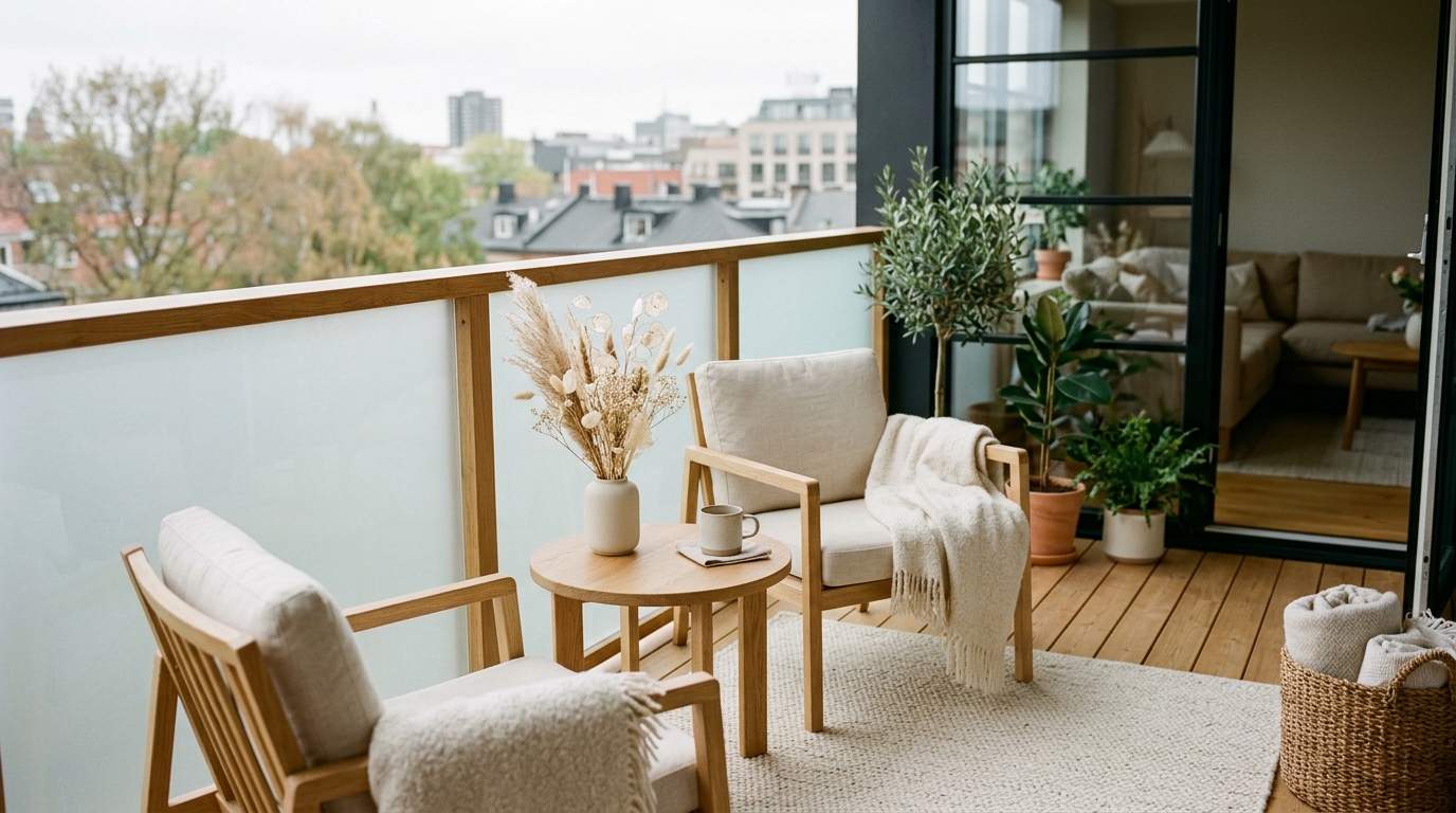 Scandinese inspired autumn balcony with neutral tones and natural wood textures.