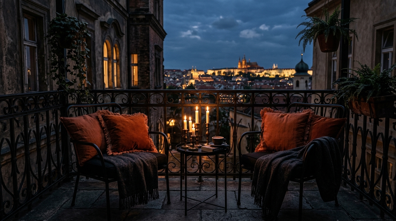 Dark academia balcony aesthetic with deep mahogany wood and brass lantern accents.