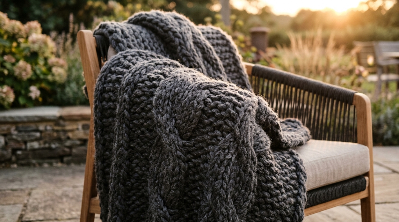 Tactile grounding: a chunky knit throw draped over a modern black steel chair for fall porch decor.