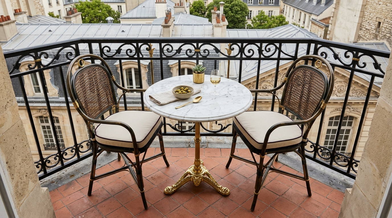 Compact dining solution for balconies featuring a foldable marble bistro table.