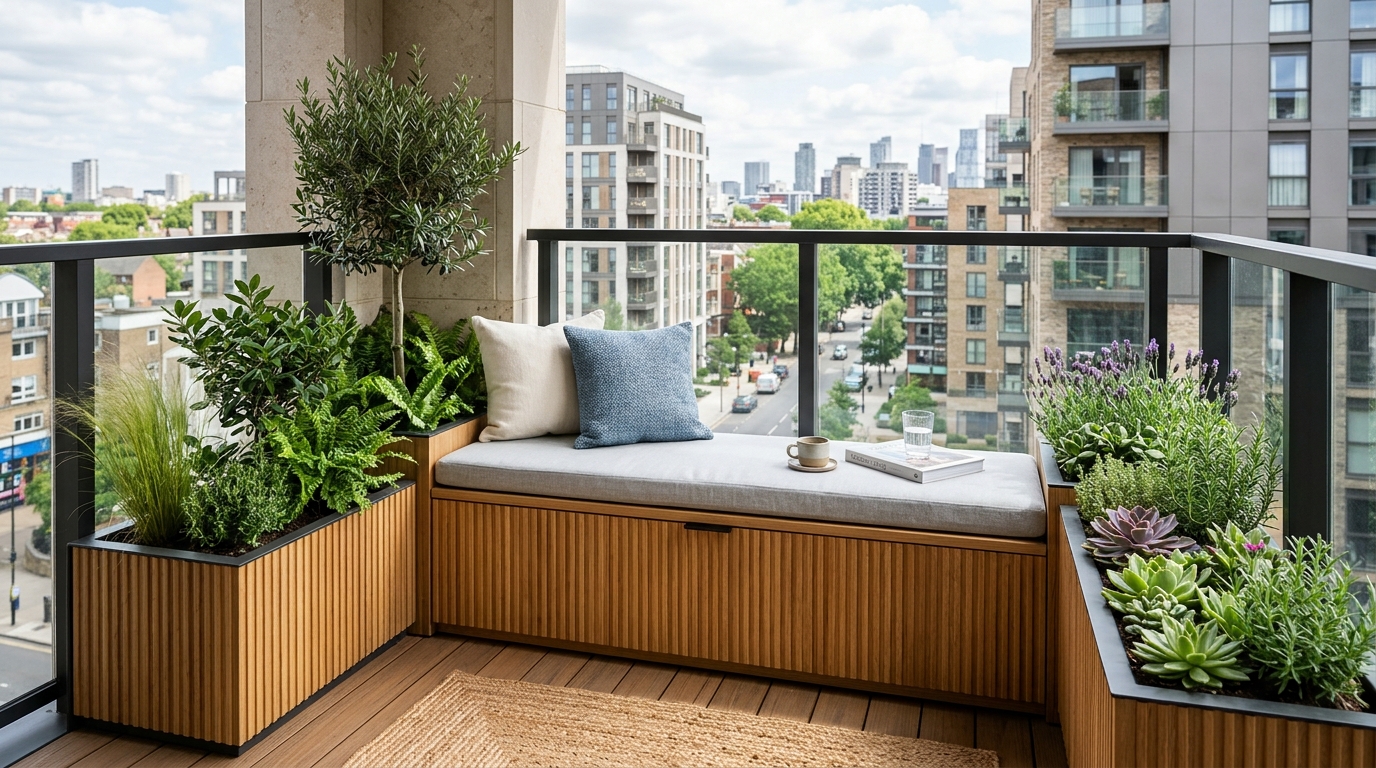 Architectural detail of fluted oak outdoor cabinetry for small apartment balcony storage.
