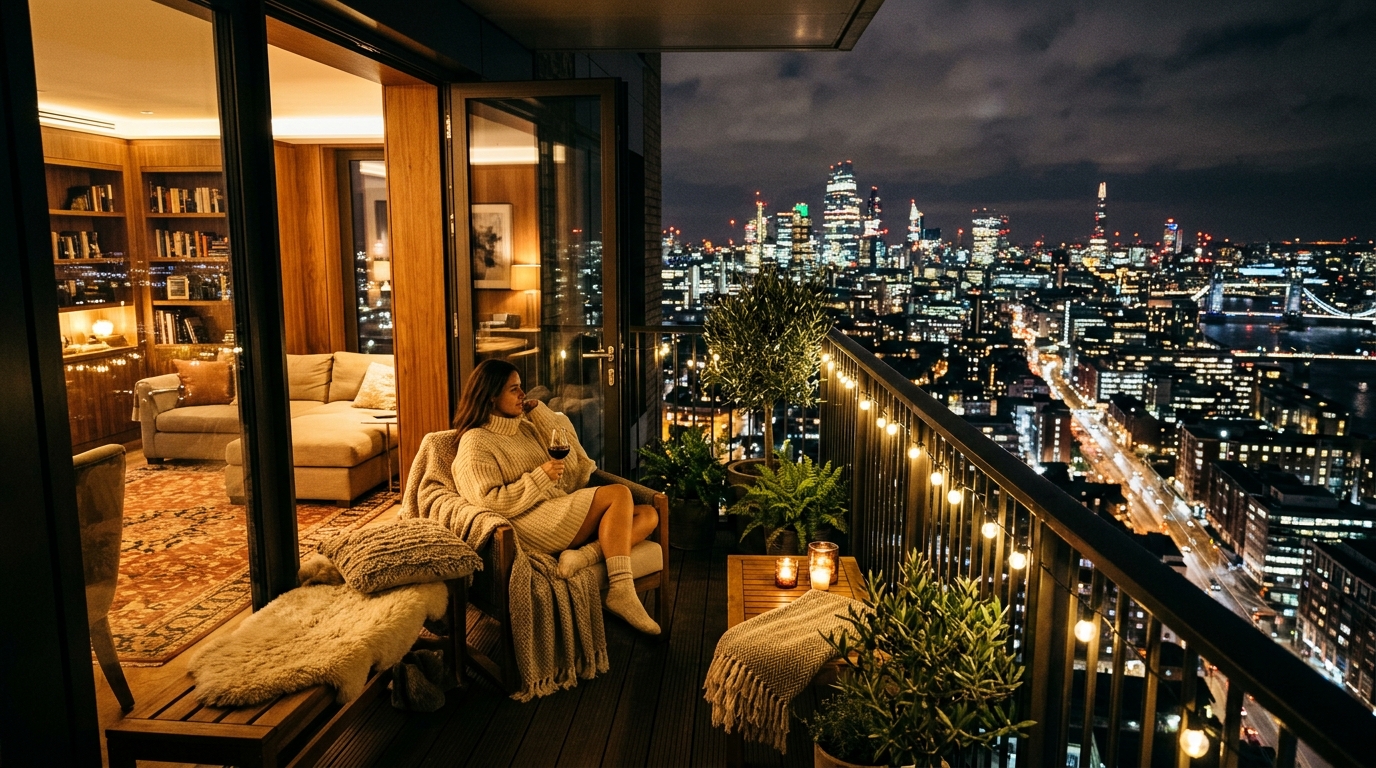 Urban sunset view from a curated balcony with warm minimalist fall balcony decor.