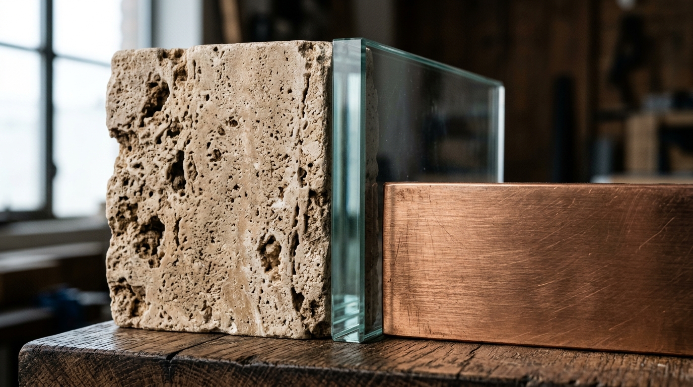 Texture contrast: a smooth glass candle holder next to a rough-hewn travertine coaster.
