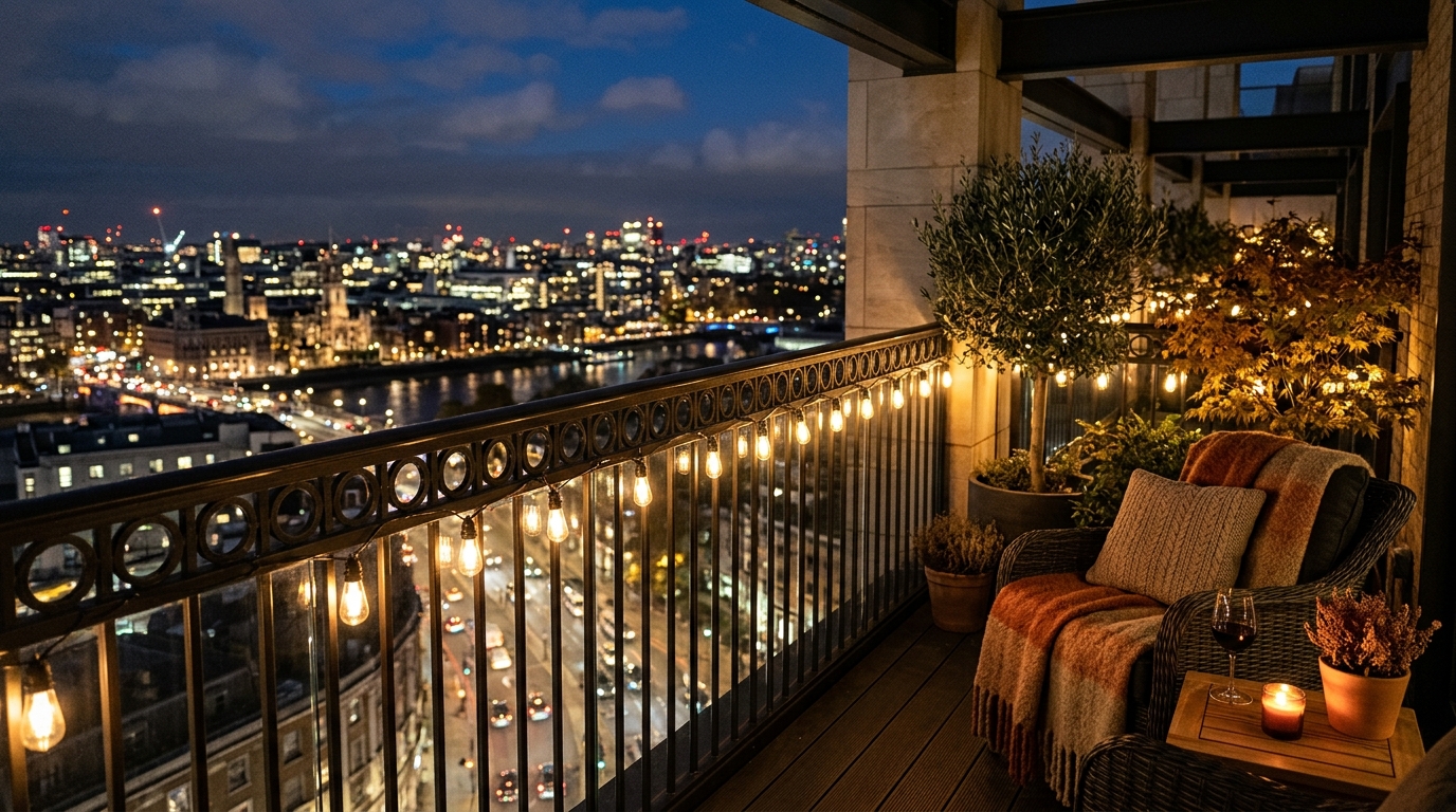 Evening ambiance on a luxury balcony with warm-toned string lights and copper accents.