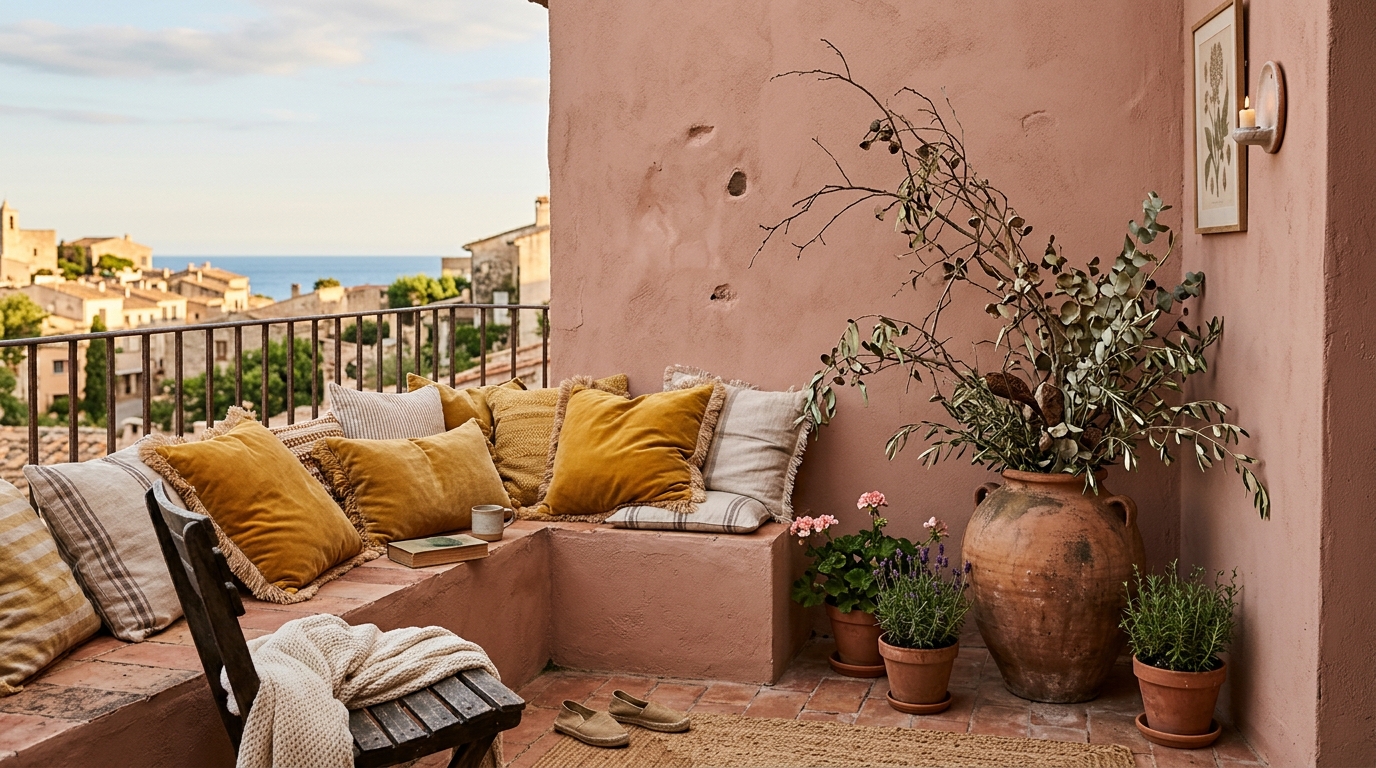 Muted color palette of ochre and cream textiles on a modern outdoor sofa.