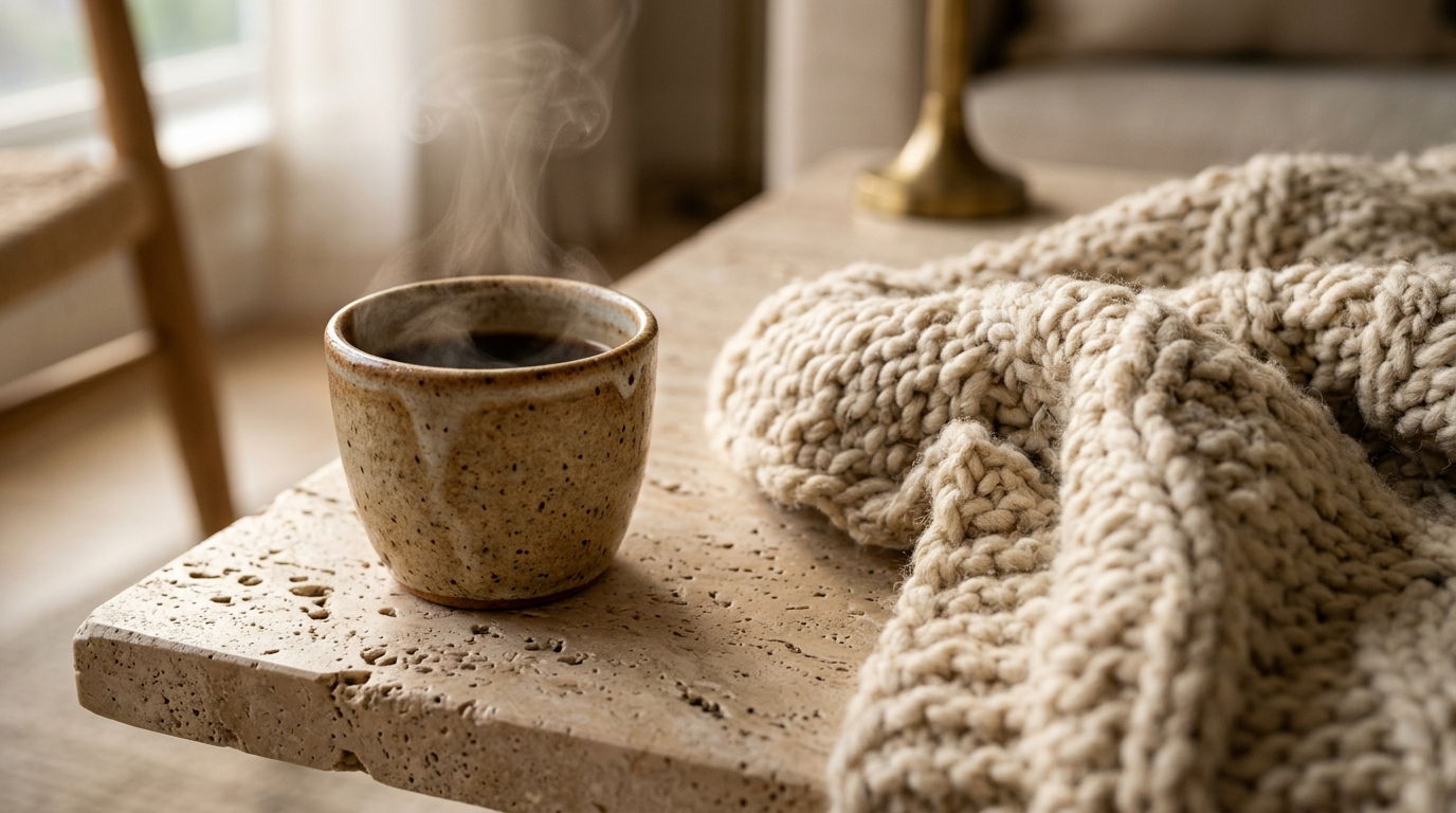 Macro detail of tactile materials including honed travertine and weather-resistant bouclé for autumn patio styling.
