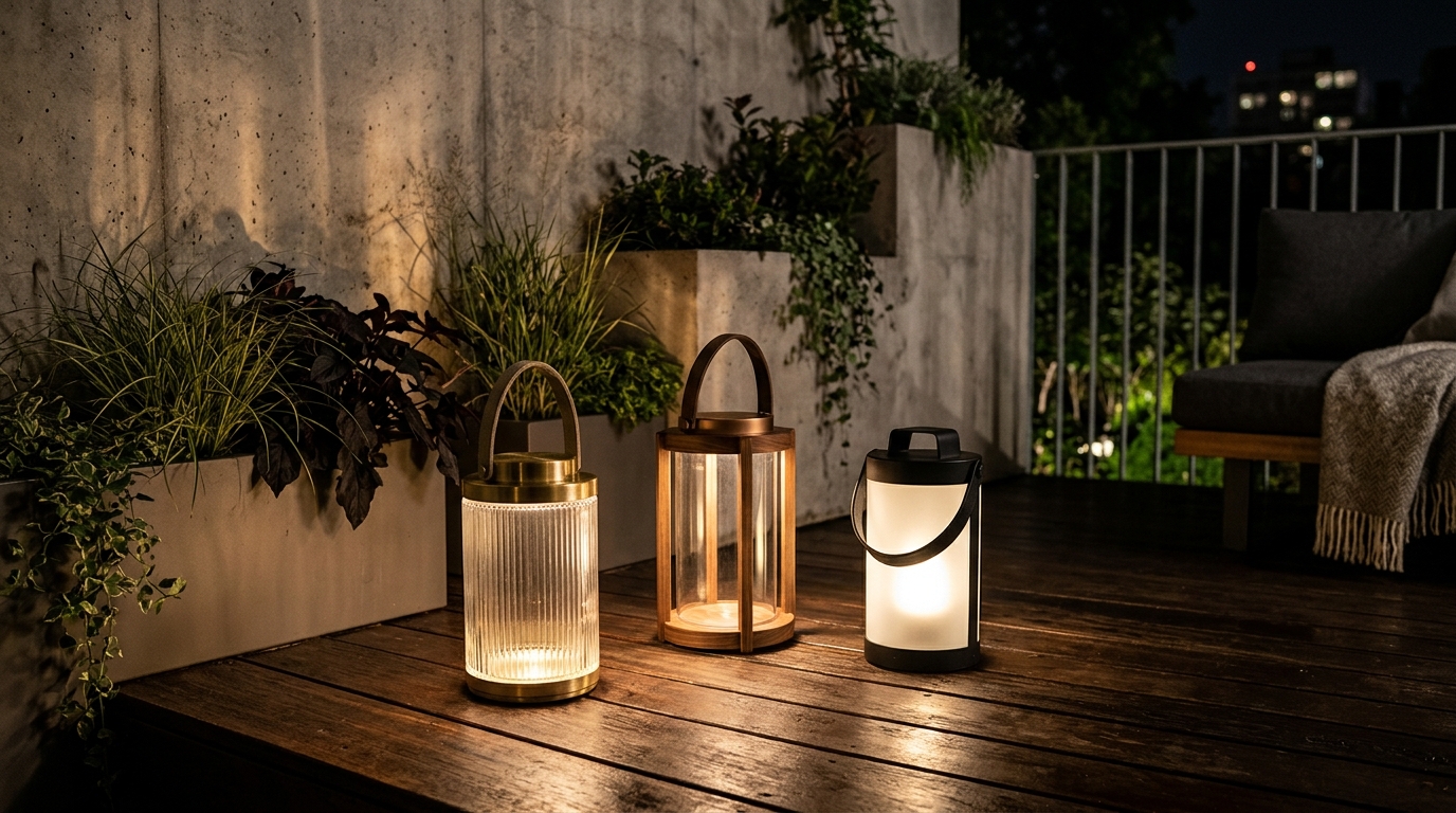 Atmospheric 2700K cordless LED lantern illuminating a small outdoor corner with high-CRI lighting quality.