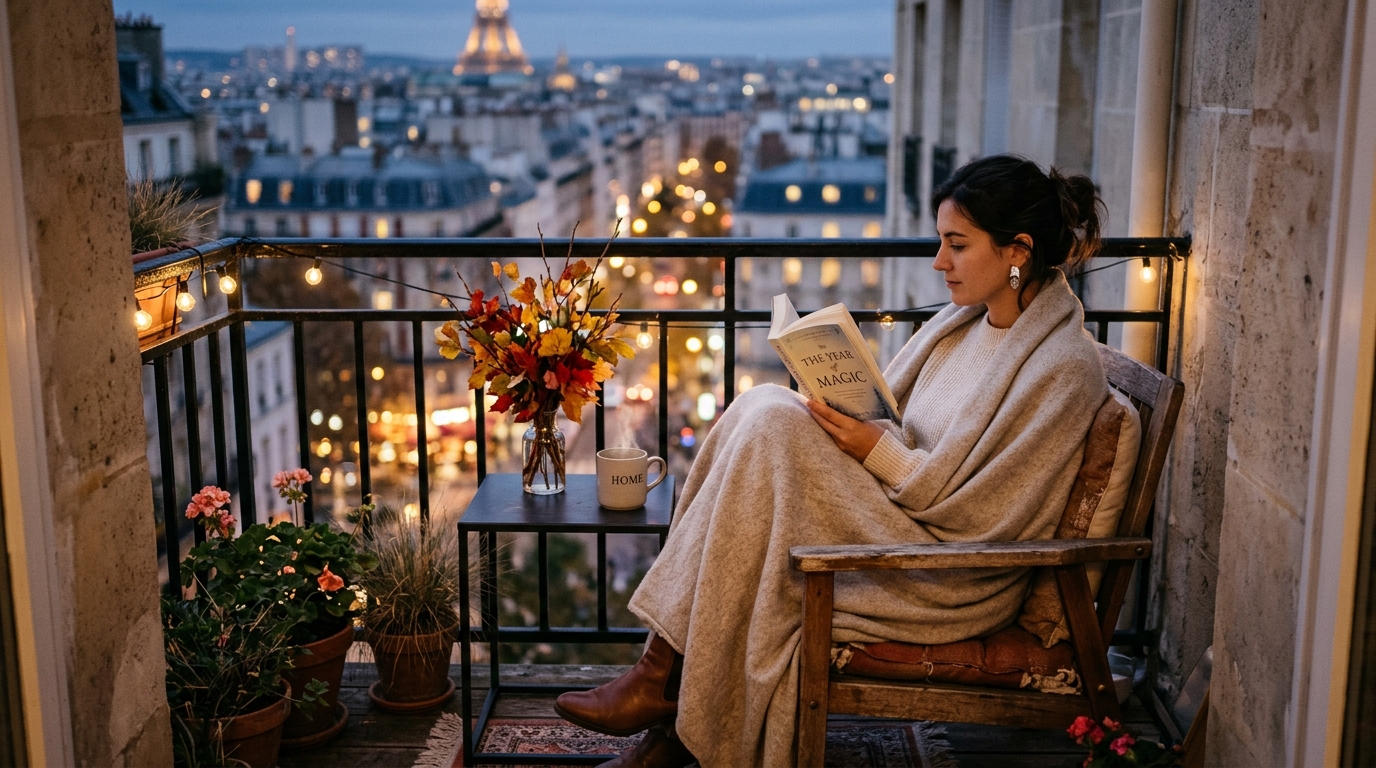 Lifestyle snapshot of an ergonomic autumn balcony nook with space-saving furniture and a city skyline view.