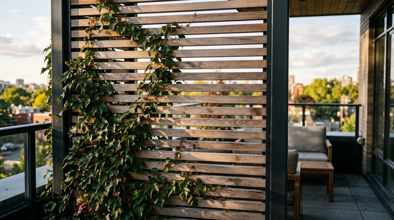 Symmetry in design: matching outdoor planters with dried autumn grasses for balcony privacy ideas.