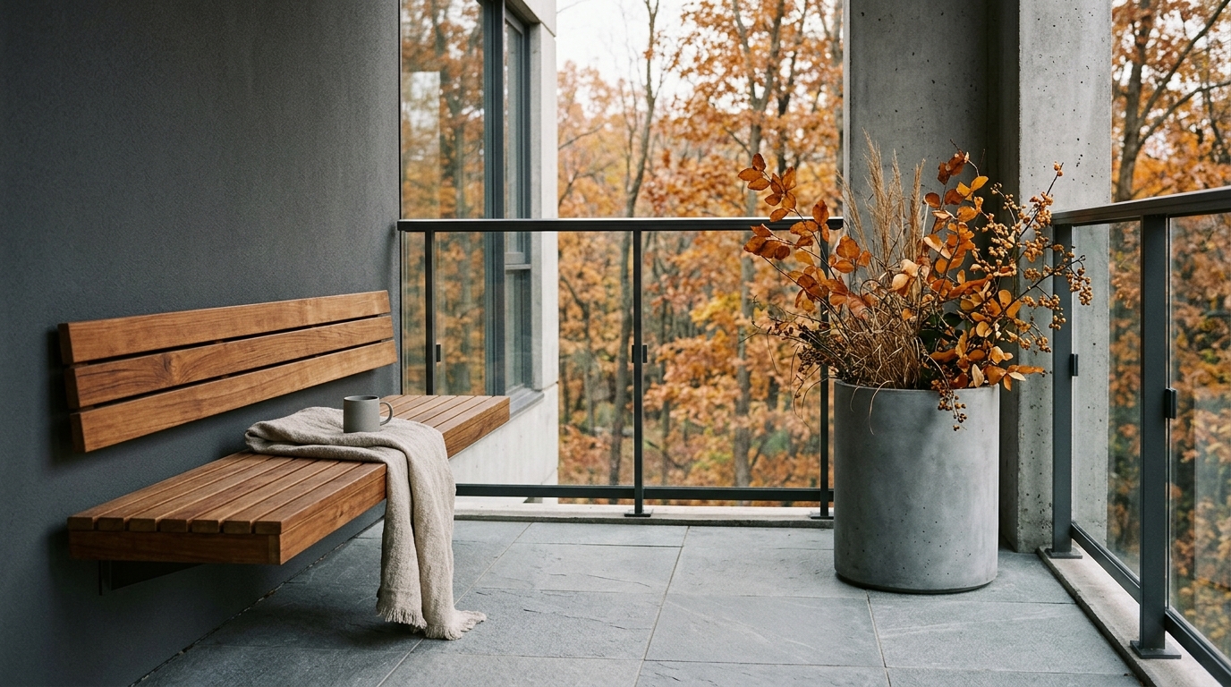 Modern minimalist balcony featuring a floating teak bench and slate grey stone flooring.