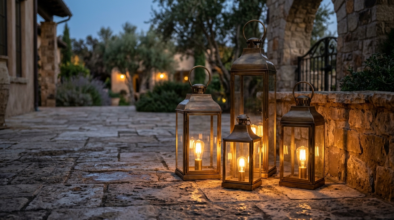 A close-up of high-quality portable LED outdoor lamps styled on a textured stone side table.