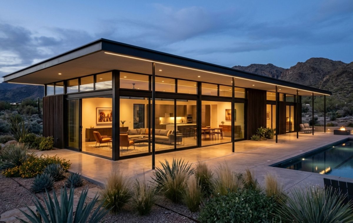 Modern ranch house layouts featuring expansive floor-to-ceiling glass windows and structural steel columns in a minimalist desert setting.