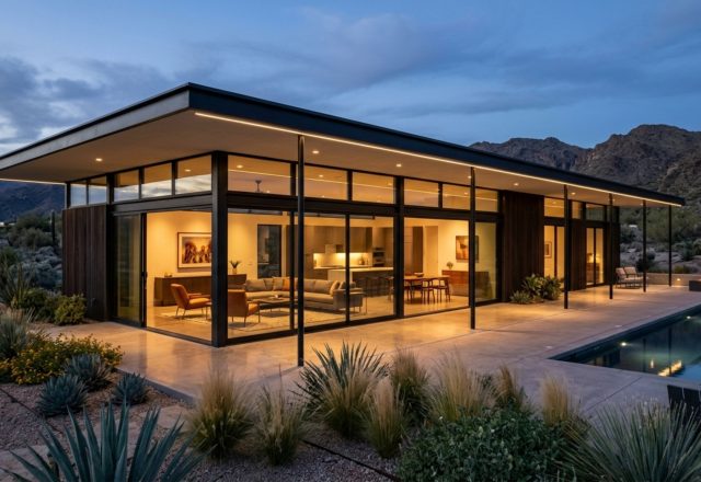Modern ranch house layouts featuring expansive floor-to-ceiling glass windows and structural steel columns in a minimalist desert setting.