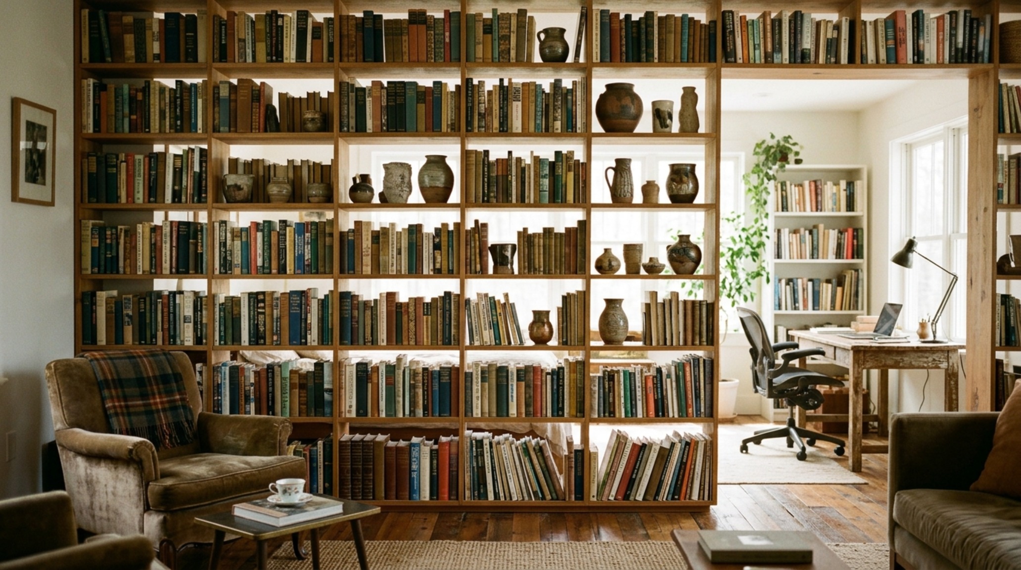 Small home open floor plans with floor-to-ceiling bookshelves that act as both storage and a structural spatial divider.