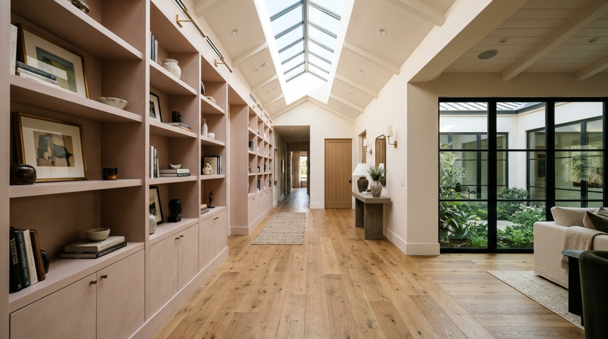 Residential circulation paths showing a 48-inch wide gallery hallway with warm oak flooring and integrated art lighting.