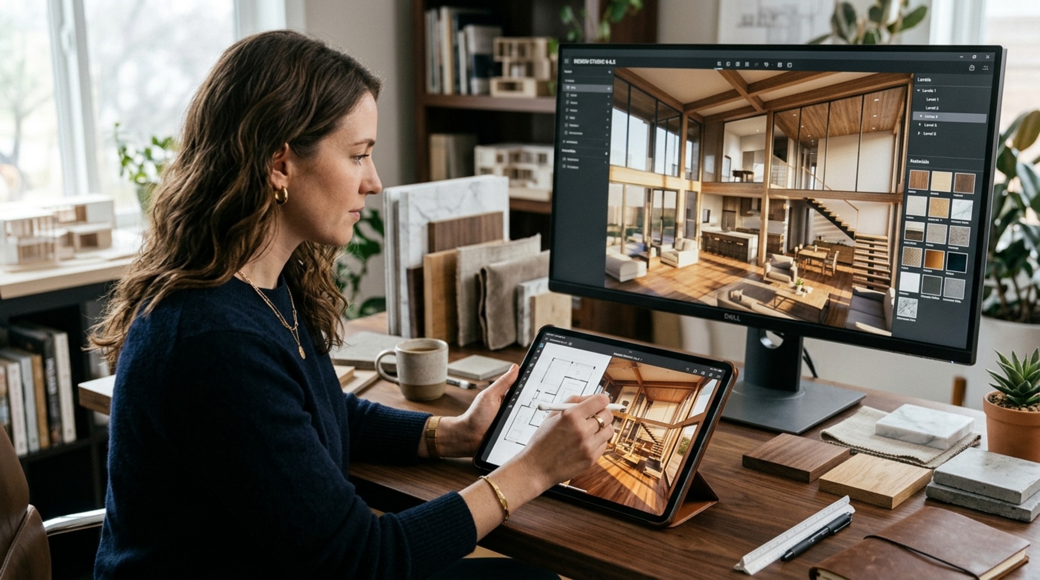 3D home floor plan tools being used on a high-resolution display to visualize light and shadow play in a residential interior.
