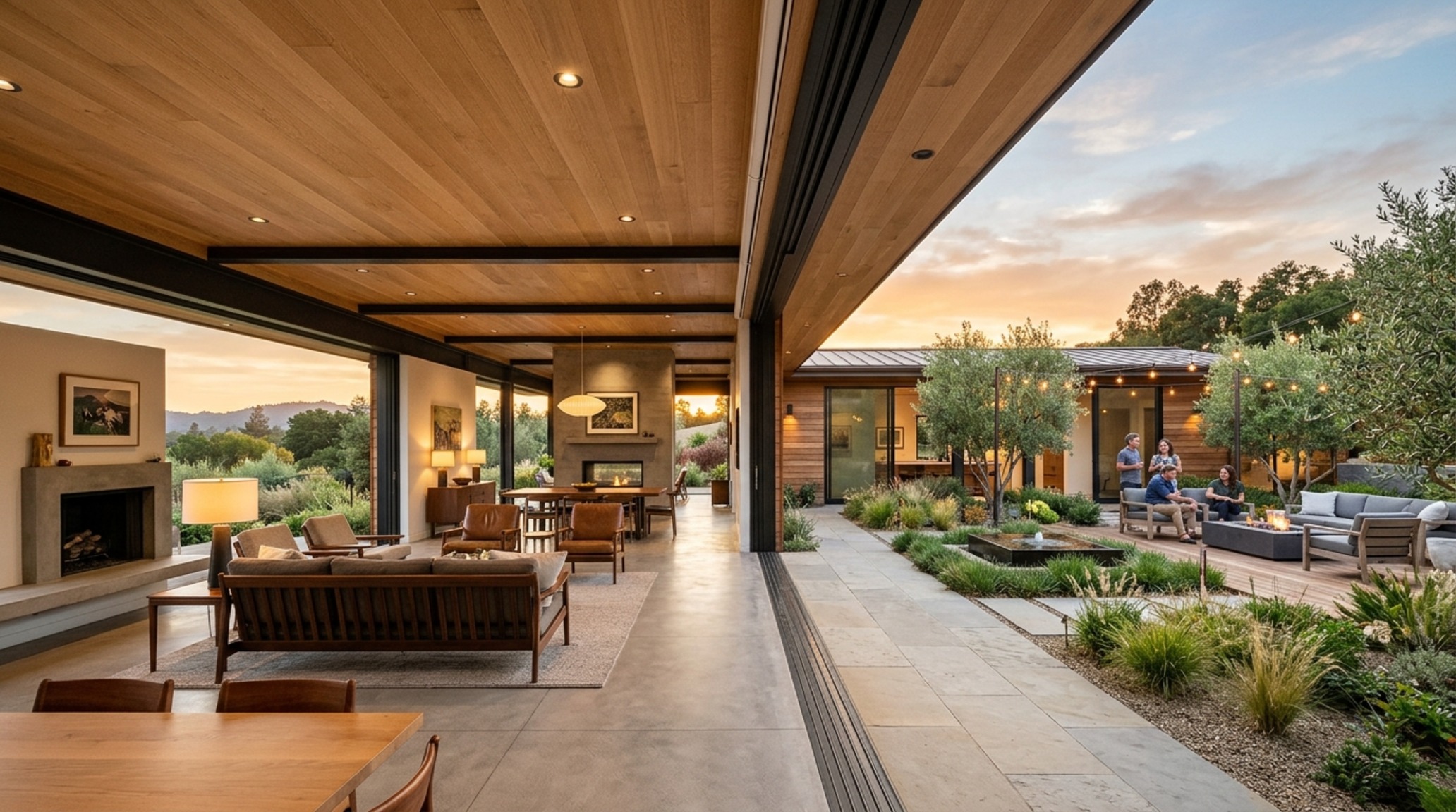 Modern ranch house layouts highlighting the connection between a central courtyard and a vaulted living space.