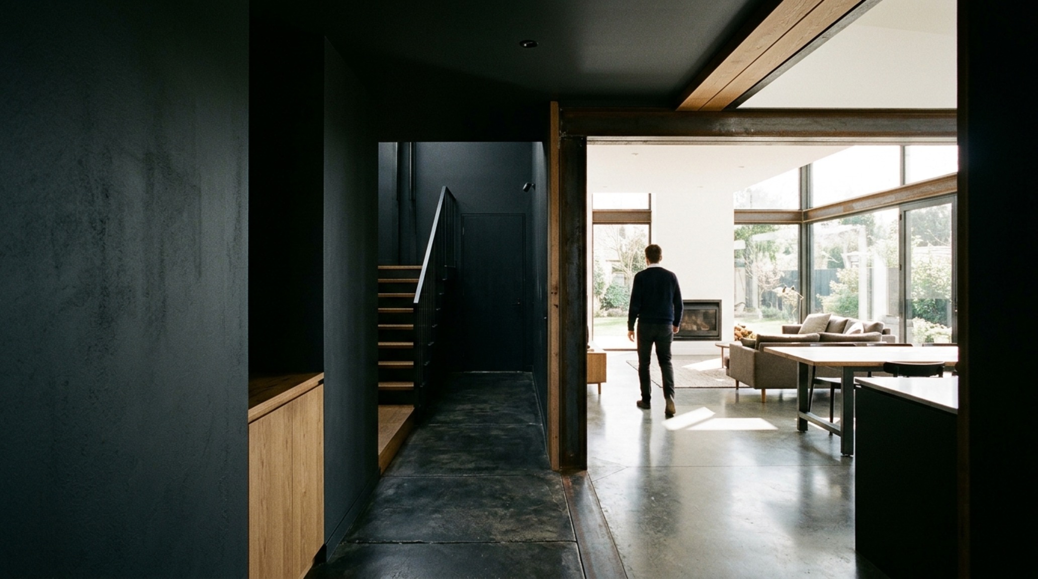 Residential circulation paths featuring a curved plaster staircase and recessed 2700K ambient step lighting.