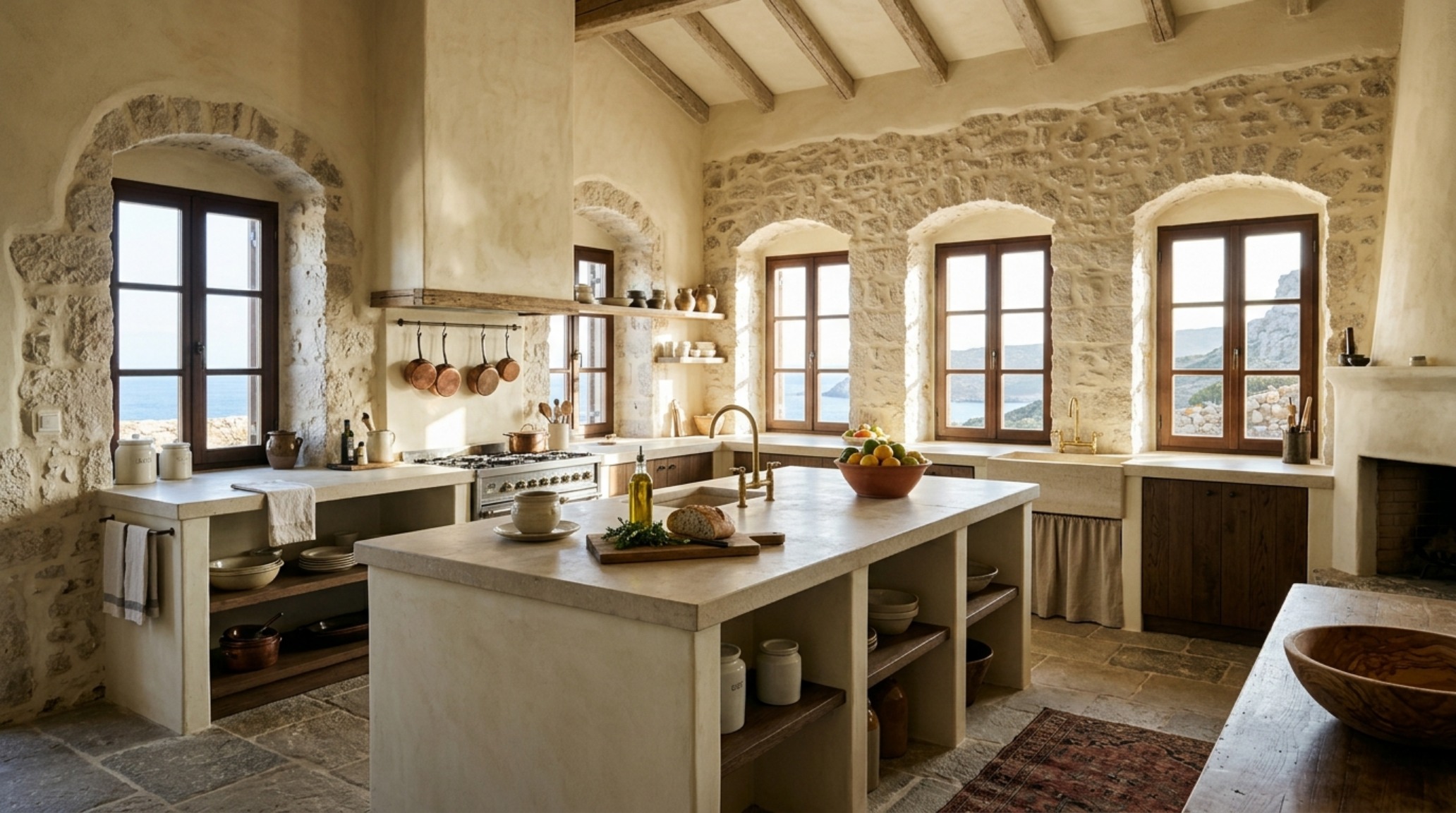 High-end Mediterranean kitchen with a monolithic masonry island and lime-wash walls illustrating antikythera island pay to live there decor ideas.