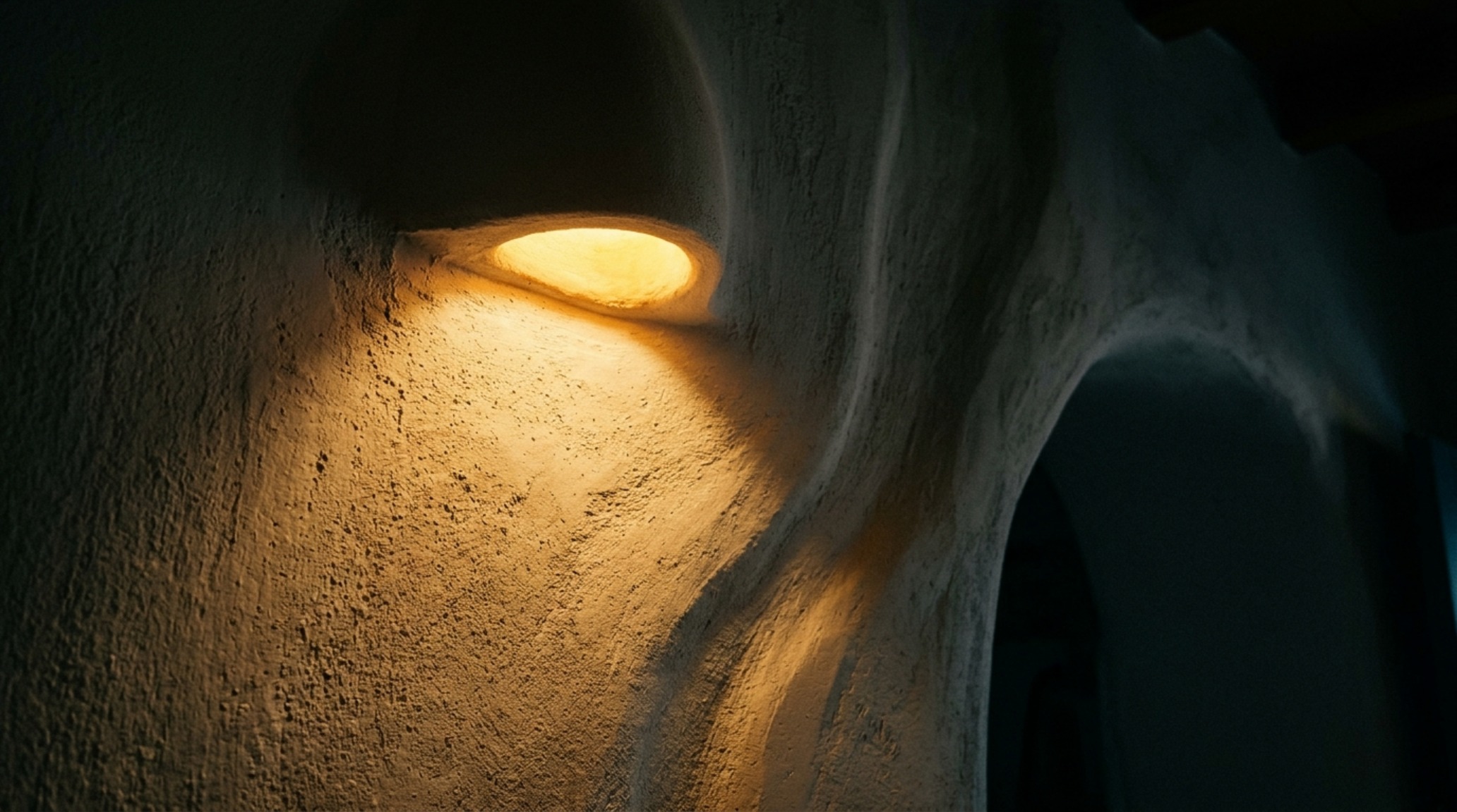 Shadow play on a textured lime-wash wall with 2700K warm ambient light and high CRI ratings.
