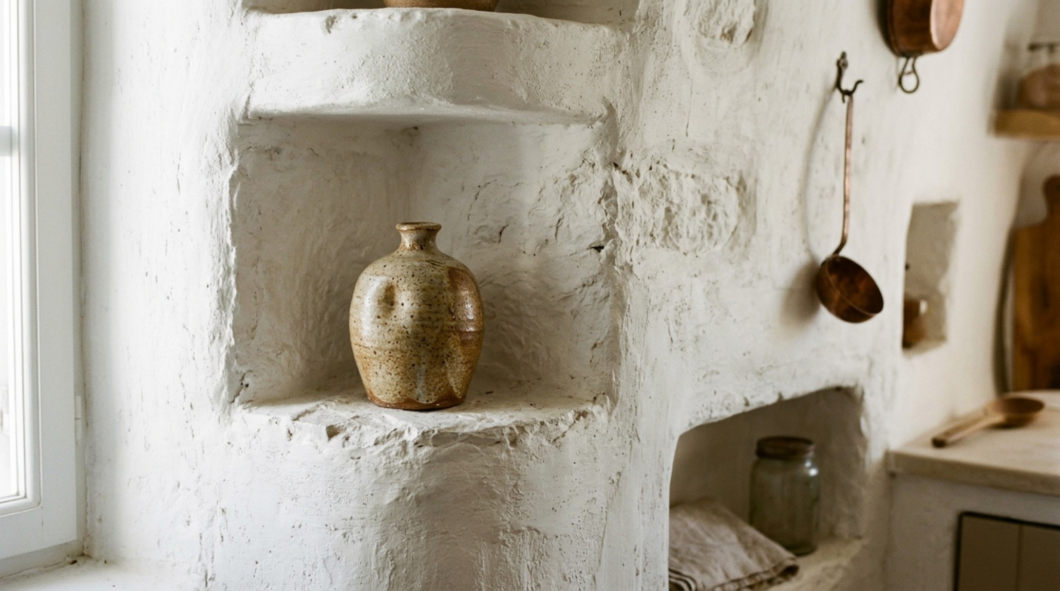 Close-up of integrated masonry shelving and Cycladic Curve architecture in a rustic Greek island kitchen renovation.