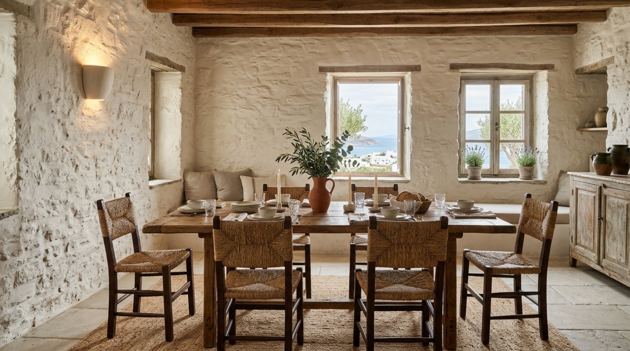 Dining area with 30-inch chair clearance and 2700K lighting in a traditional Antikythera stone cottage interior.