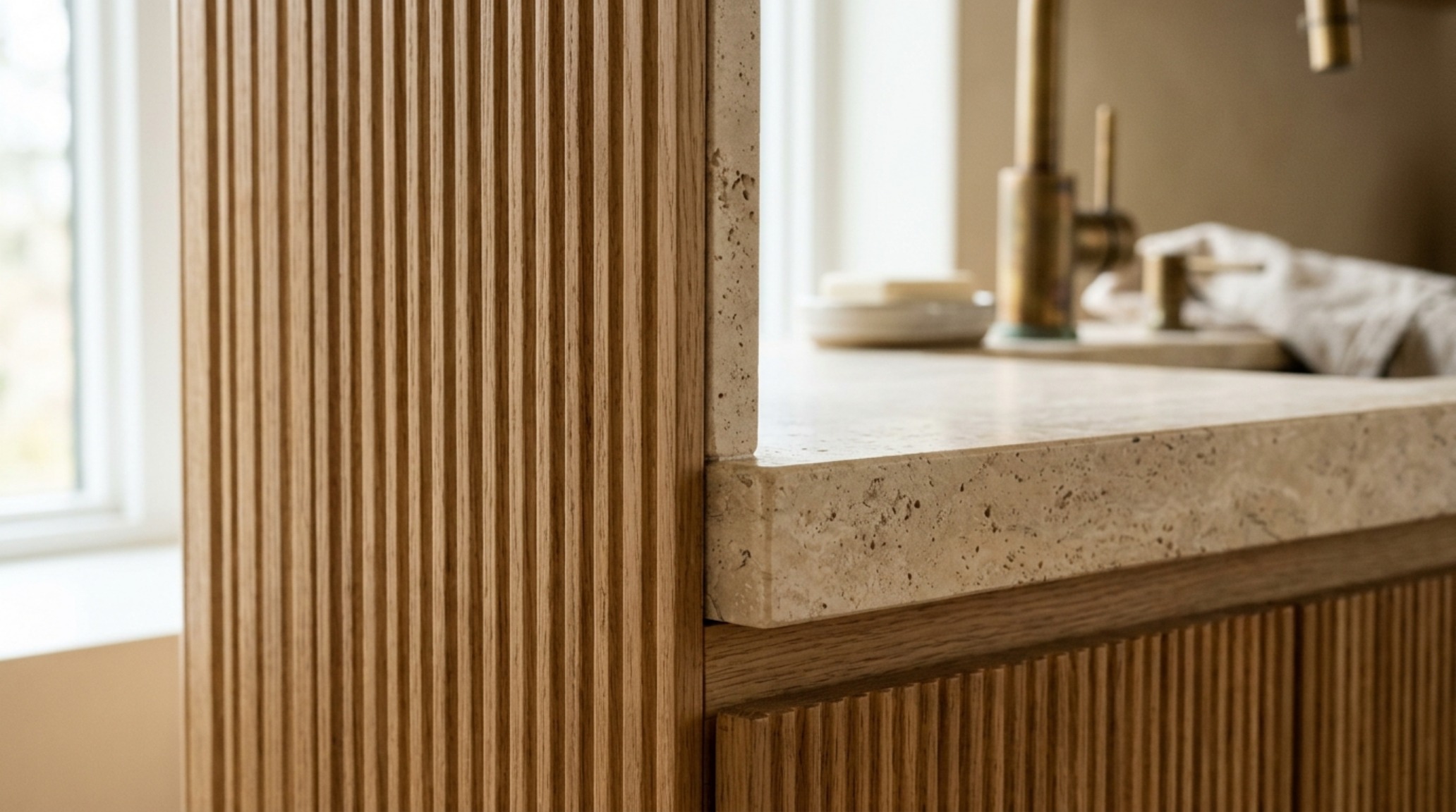 Tactile details of fluted white oak cabinetry and honed travertine countertops for aesthetic antikythera island pay to live there interior.